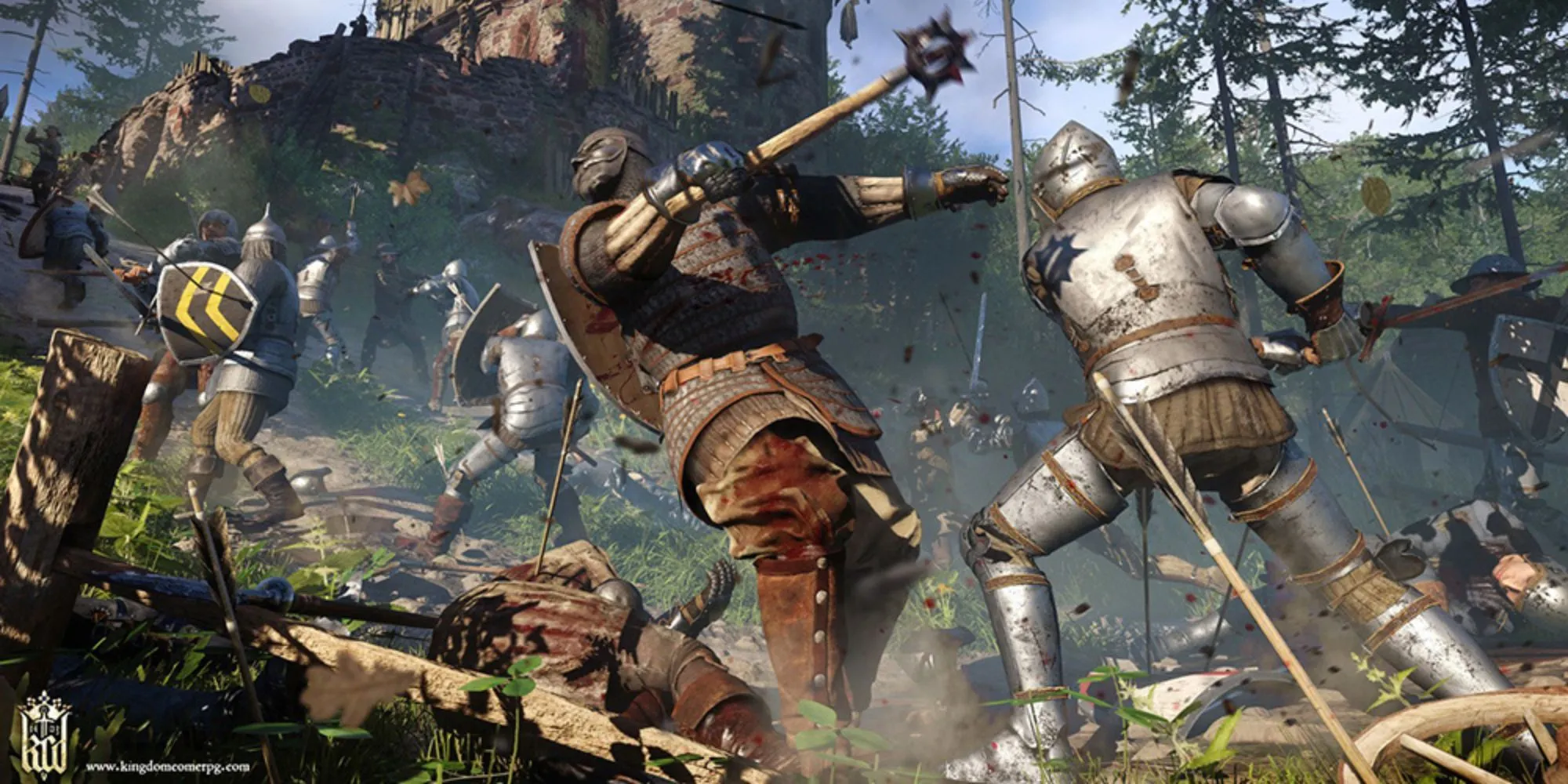 Hiệp sĩ tấn công kẻ thù bằng chùy trong trận chiến Kingdom Come: Deliverance