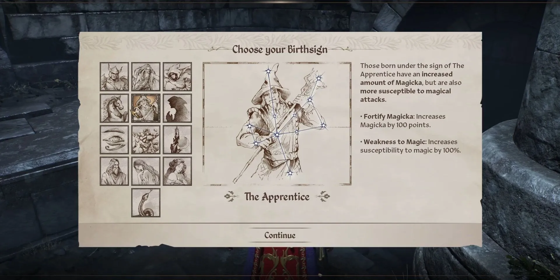 Hiệu ứng Fortify Magicka và điểm yếu Weakness to Magic của cung Apprentice trong giao diện người chơi Oblivion Remastered