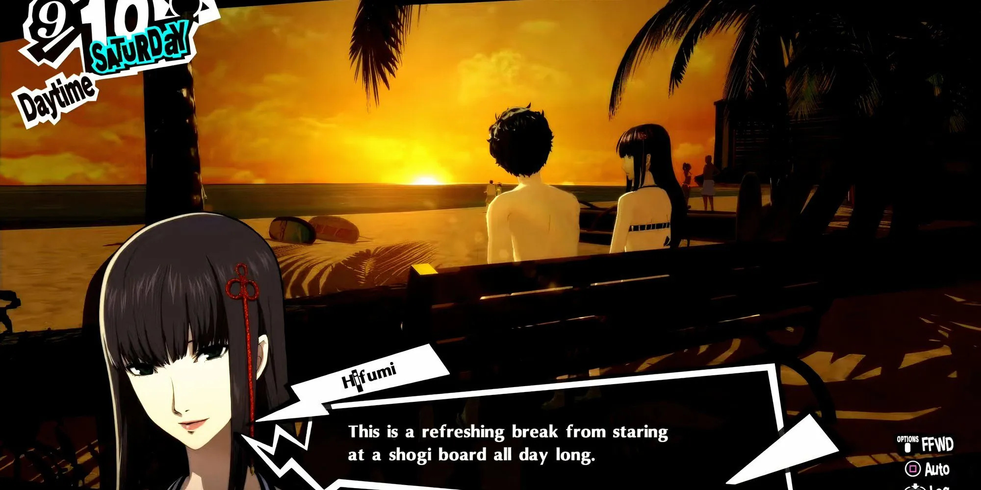Hifumi Togo và Joker ngắm hoàng hôn ở Hawaii trong Persona 5 Royal