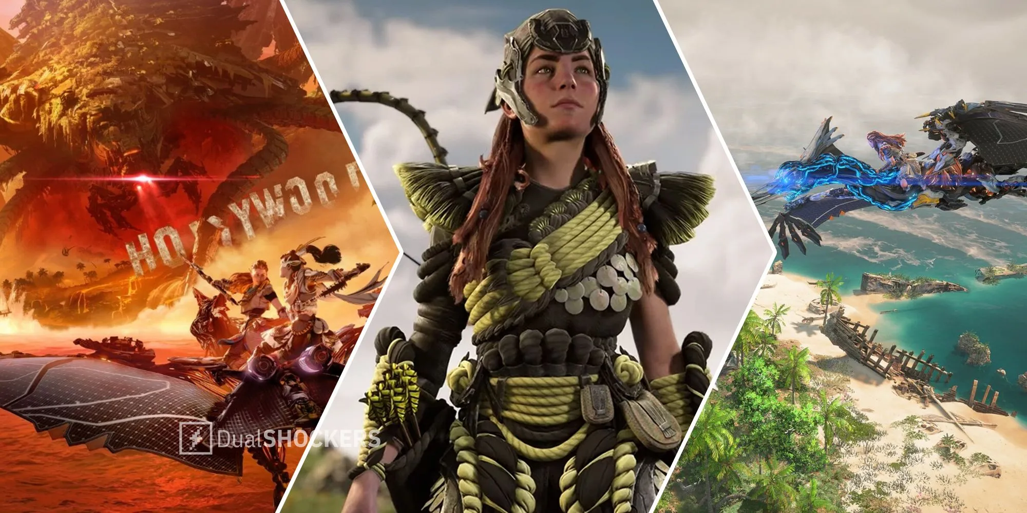Hình ảnh Aloy cưỡi Sunwing trong bản mở rộng Burning Shores của Horizon Forbidden West trên PS5, minh họa cho khả năng đồ họa của game hiện đại