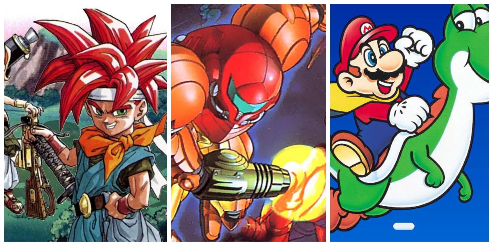 Hình ảnh bìa tổng hợp các game SNES kinh điển như Chrono Trigger, Super Mario World và Samus Aran từ Metroid.