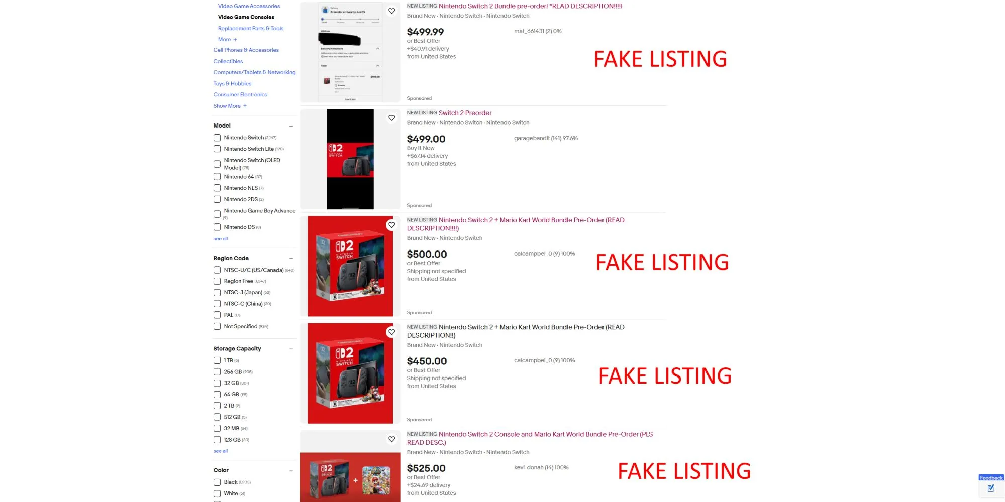 Hình ảnh các bài đăng giả bán máy Nintendo Switch 2 trên eBay để chống lại những kẻ 'phe vé'