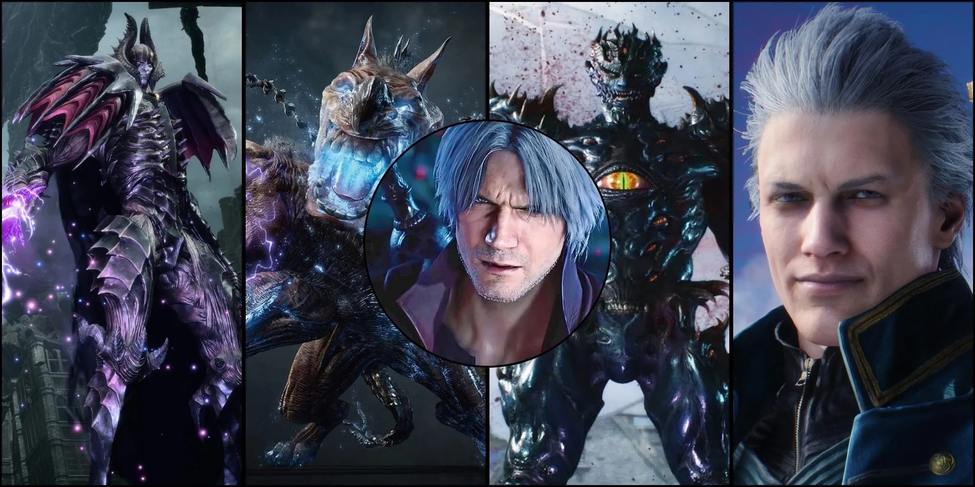 Hình ảnh các nhân vật chính và boss nổi bật trong game Devil May Cry 5: Dante, Vergil, Urizen, Cavaliere Angelo, Cerberus