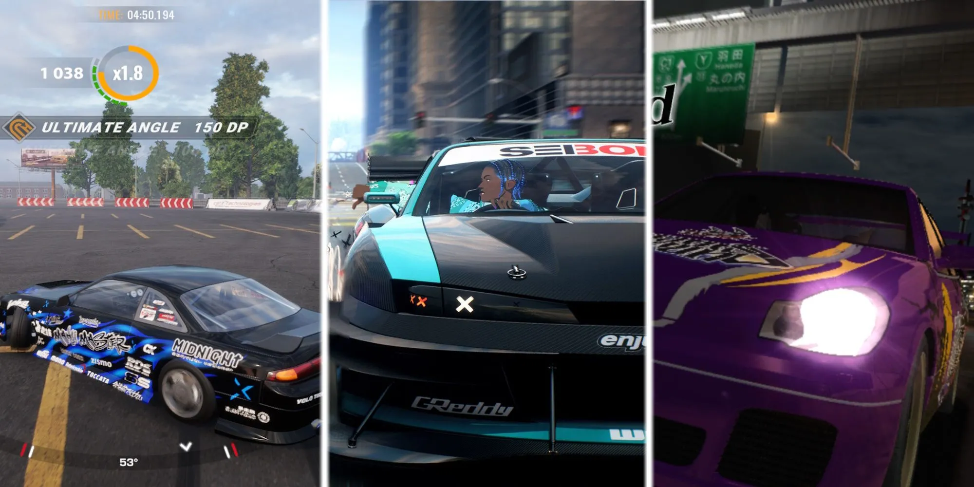 Hình ảnh chia ba màn hình minh họa kỹ thuật drift xe trong các game đua xe