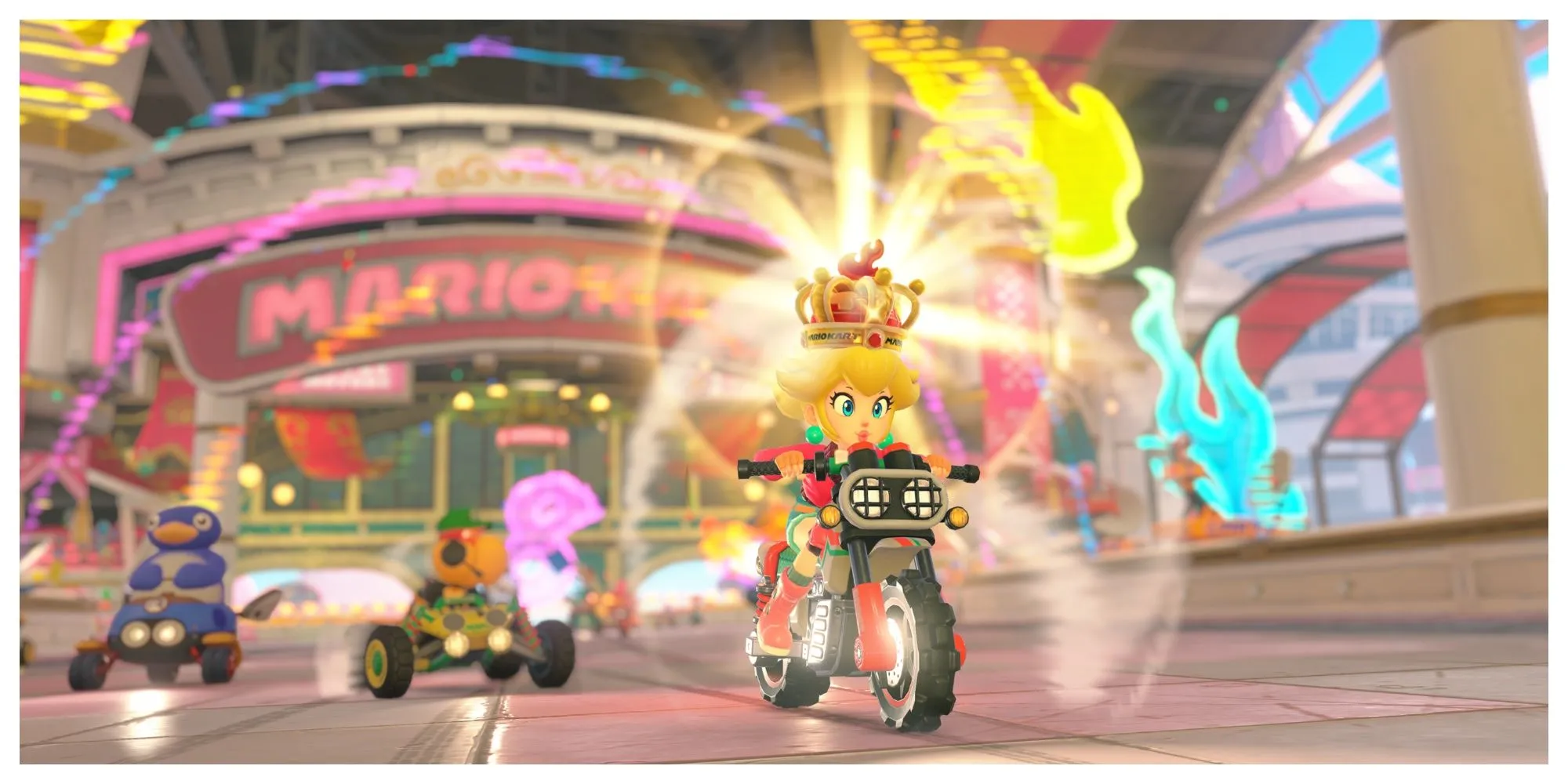 Hình ảnh đường đua rực rỡ trong game Mario Kart World với các nhân vật Mario và bạn bè trên Switch 2