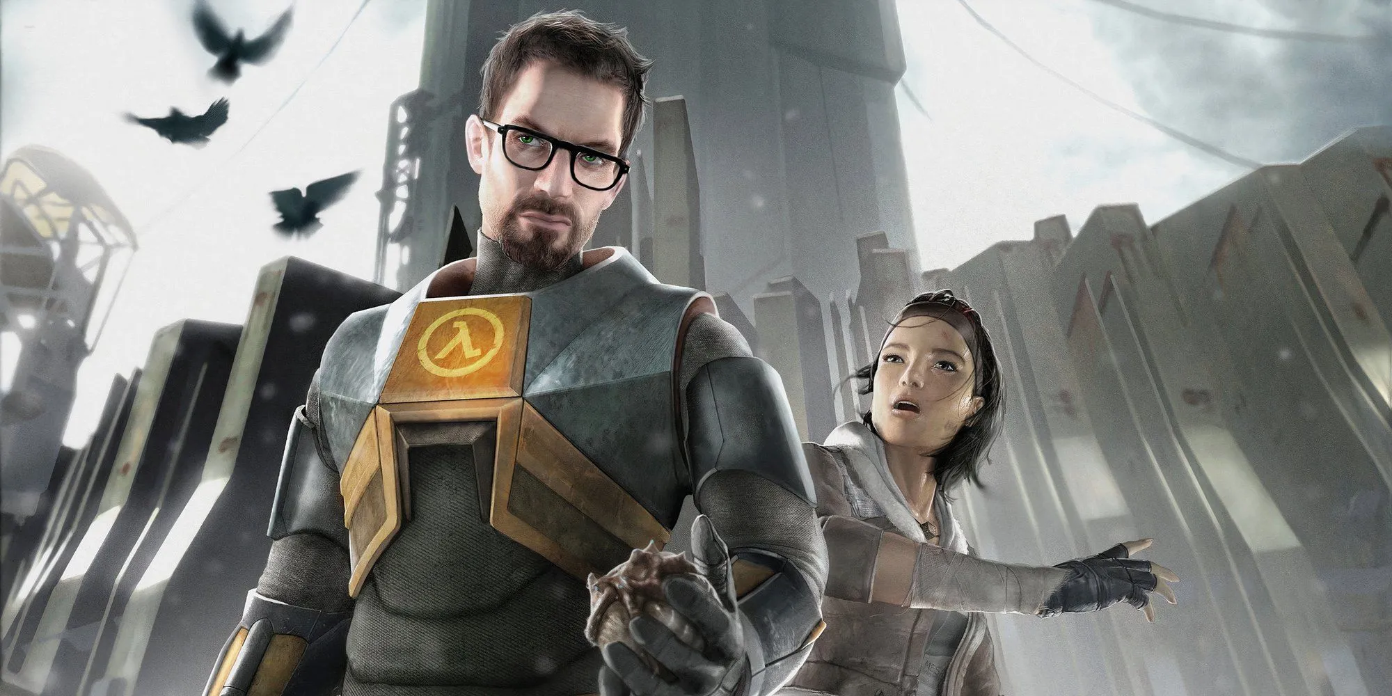 Hình ảnh game thủ di chuyển qua một thành phố đổ nát trong Half-Life 2, game kinh điển tiền nhiệm của Half-Life 3 được đồn đoán