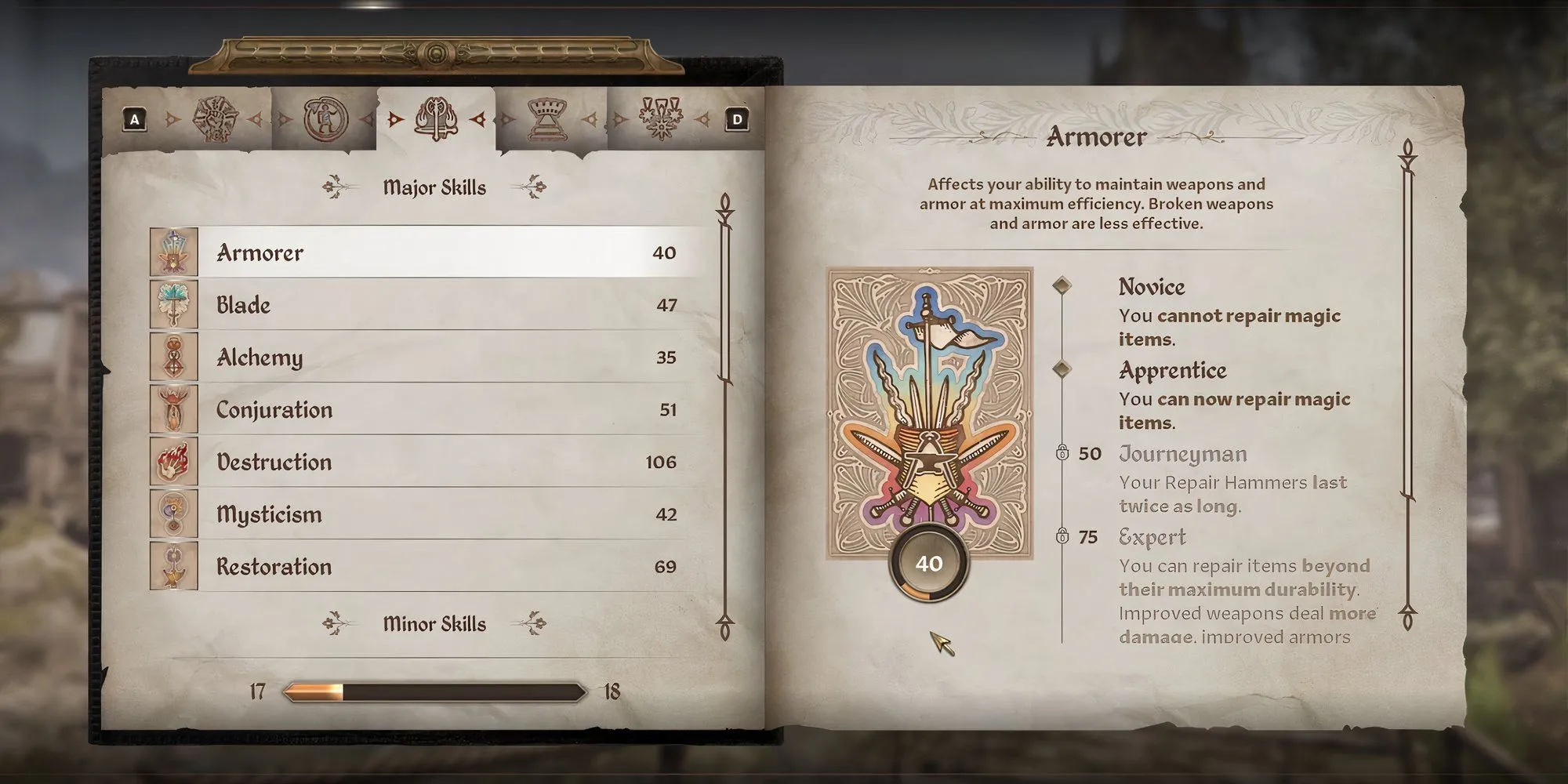 Hình ảnh giao diện kỹ năng Thợ Rèn (Armorer) trong Oblivion Remastered, minh họa tầm quan trọng của việc sửa chữa trang bị.
