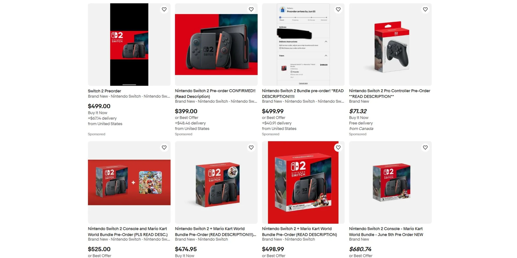 Hình ảnh kết quả tìm kiếm Nintendo Switch 2 trên eBay, minh họa tình trạng thị trường