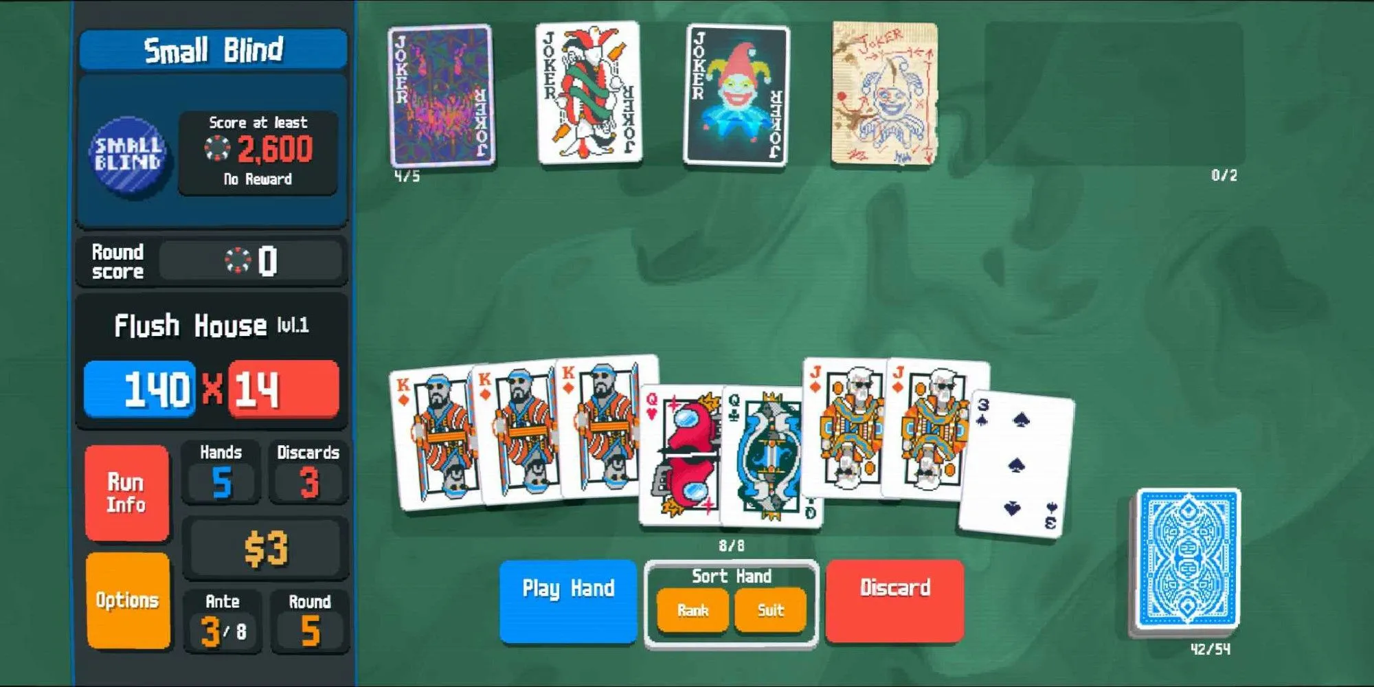 Hình ảnh lá bài Joker Flush House đặc trưng trong game thẻ bài Balatro
