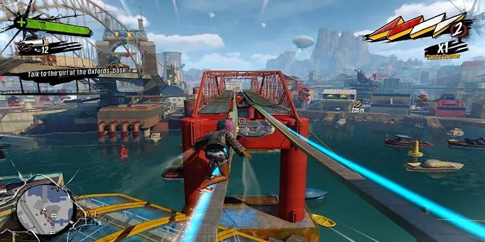 Hình ảnh nhân vật chạy và trượt trên đường ray trong Sunset Overdrive, với màu sắc rực rỡ và phong cách hoạt hình