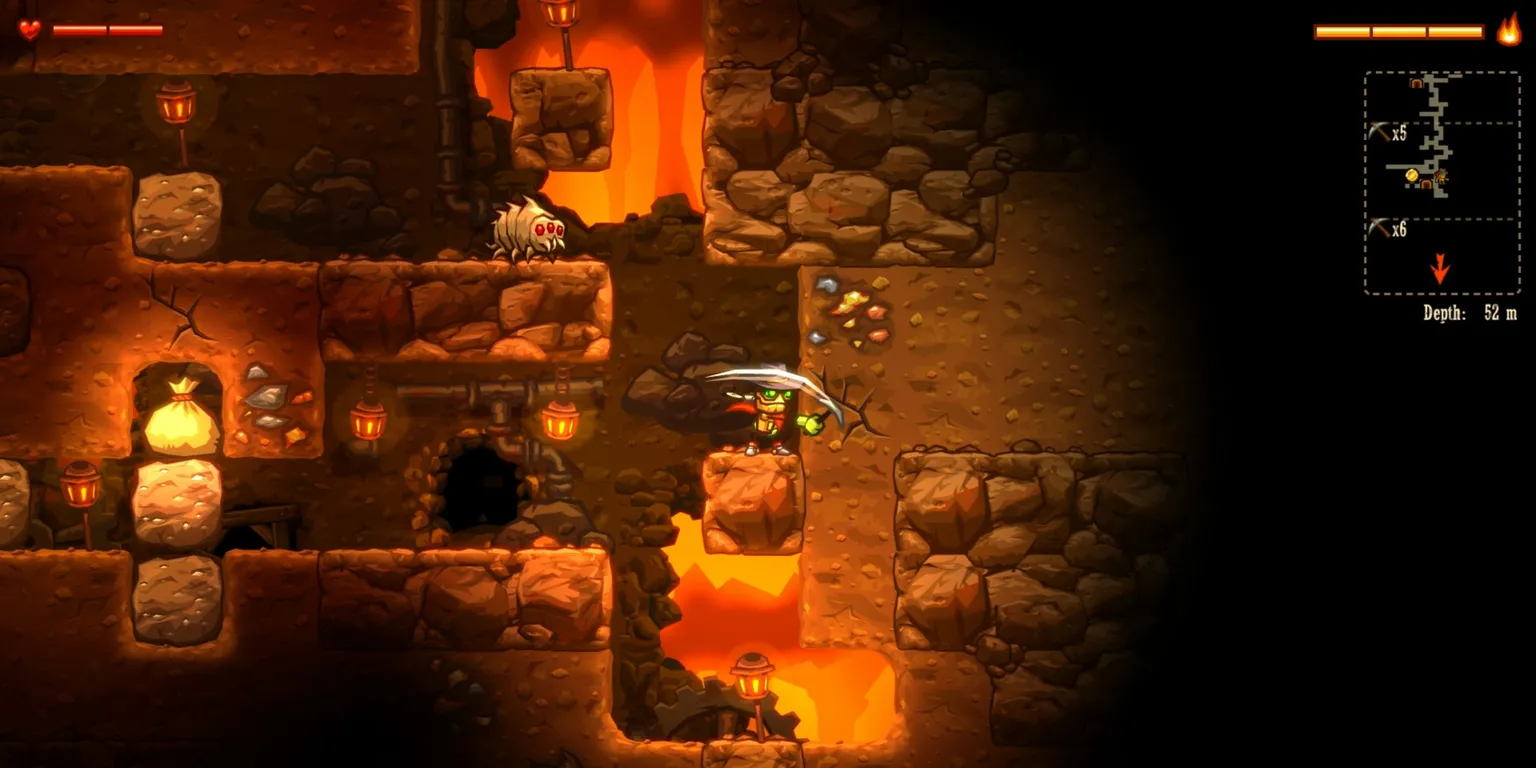 Hình ảnh nhân vật chính đang đào trong lòng đất ở SteamWorld Dig, tựa game khởi đầu series nổi tiếng