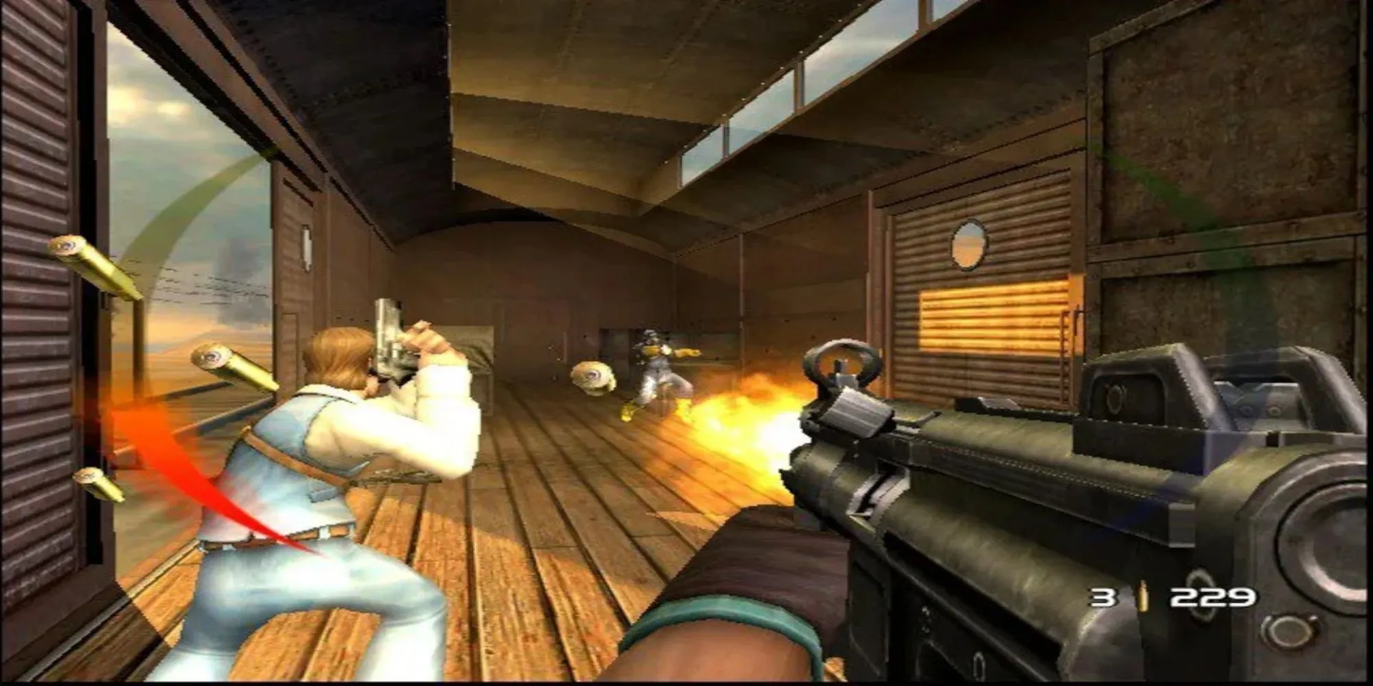 Hình ảnh nhân vật game TimeSplitters: Future Perfect đang cầm một chiếc túi thay vì cờ