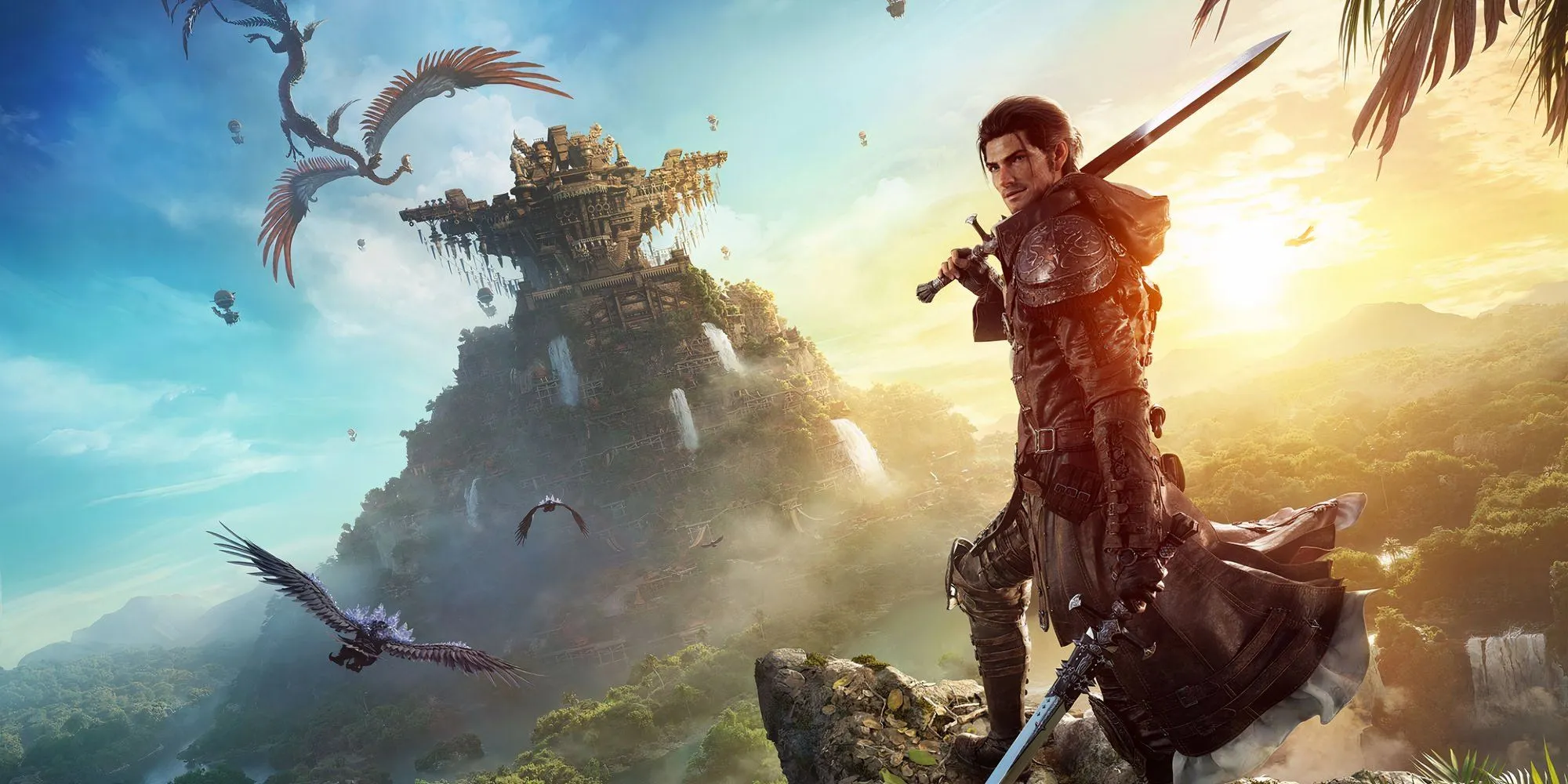 Hình ảnh quảng bá Final Fantasy 14 Dawntrail với Chiến Binh Ánh Sáng đứng trước khung cảnh hùng vĩ.