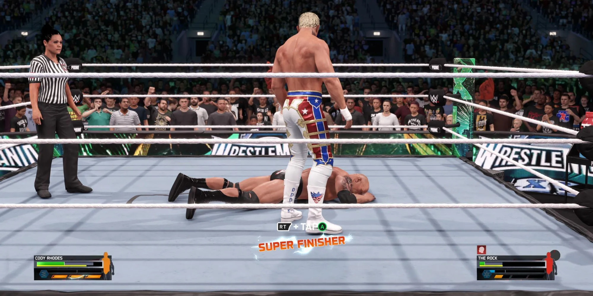 Hình ảnh Roman Reigns chuẩn bị thực hiện đòn Super Finisher trong game WWE 2K25