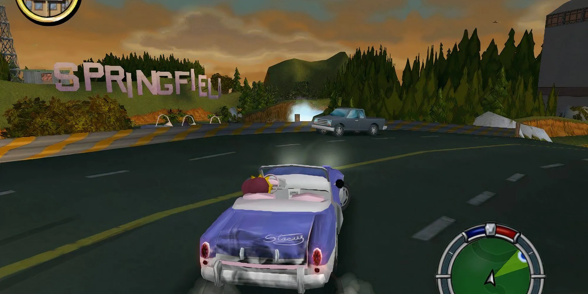 Homer Simpson lái xe trong thị trấn Springfield trong game The Simpsons: Hit and Run