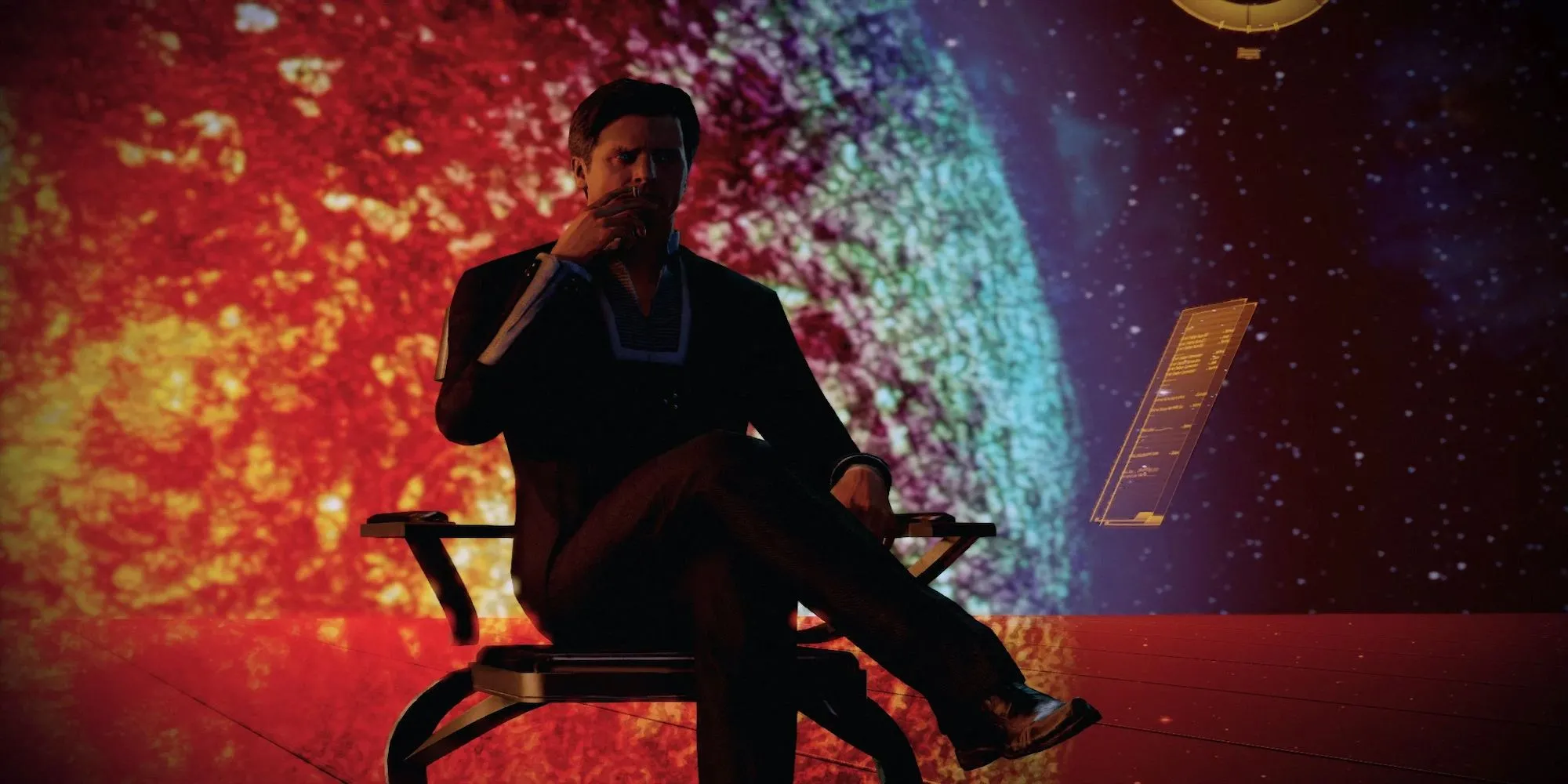 Illusive Man từ series Mass Effect đang ngồi với điếu thuốc và đôi mắt phát sáng.