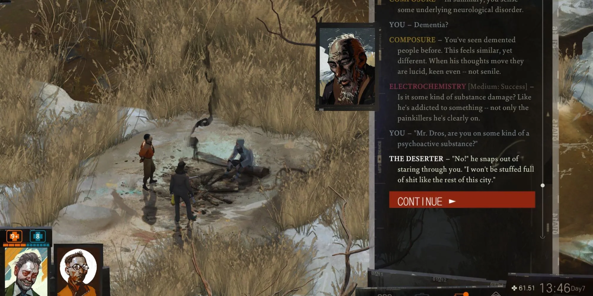 Iosef Lilianovich Dros, kẻ đào ngũ và là xạ thủ bí ẩn trong Disco Elysium, đối mặt với Harry.