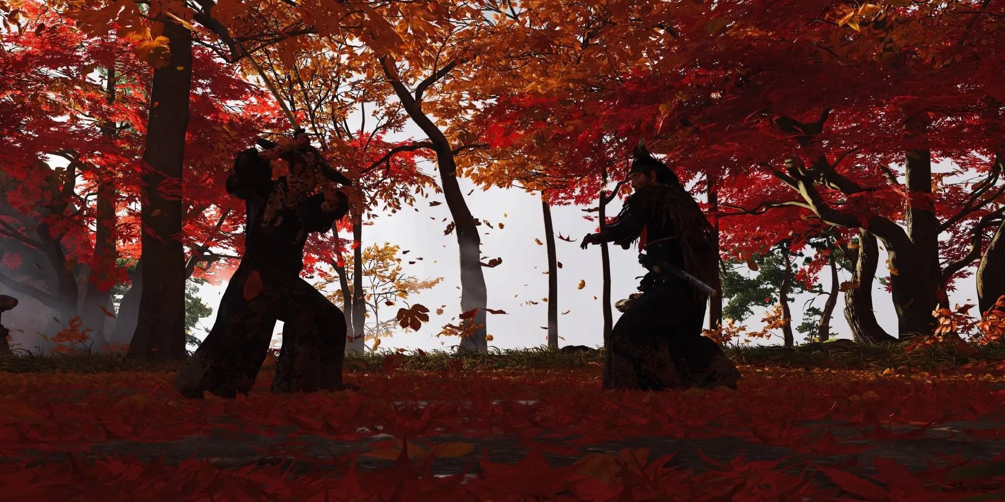 Jin Sakai trong một trận đấu kiếm dưới mưa lá vàng rơi trong Ghost of Tsushima