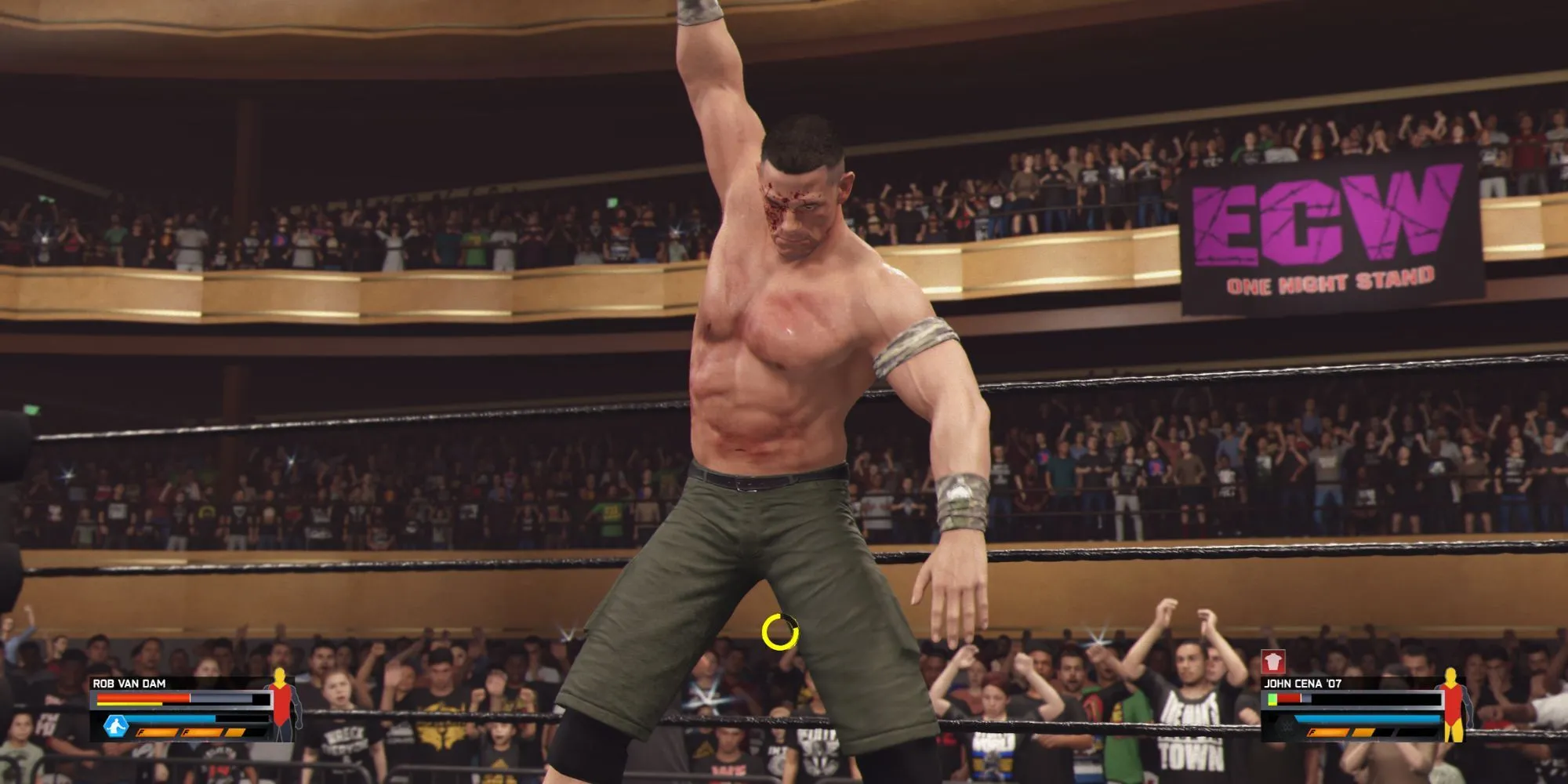 John Cena mặt bê bết máu thực hiện động tác You Can't See Me trong WWE 2K25, minh họa cho khoảnh khắc đáng nhớ