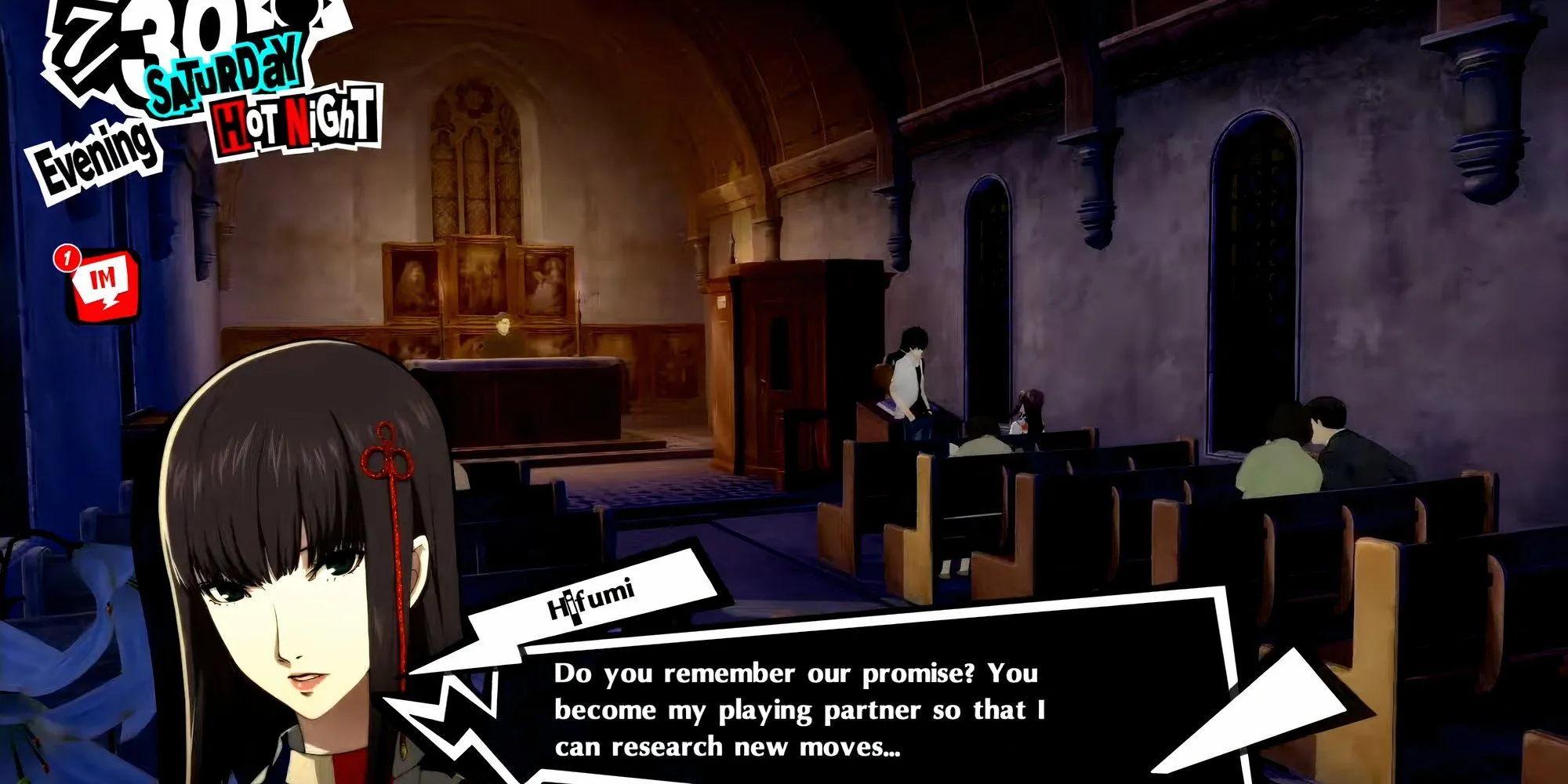 Joker gặp Hifumi Togo tại nhà thờ Kanda vào ban đêm trong Persona 5 Royal