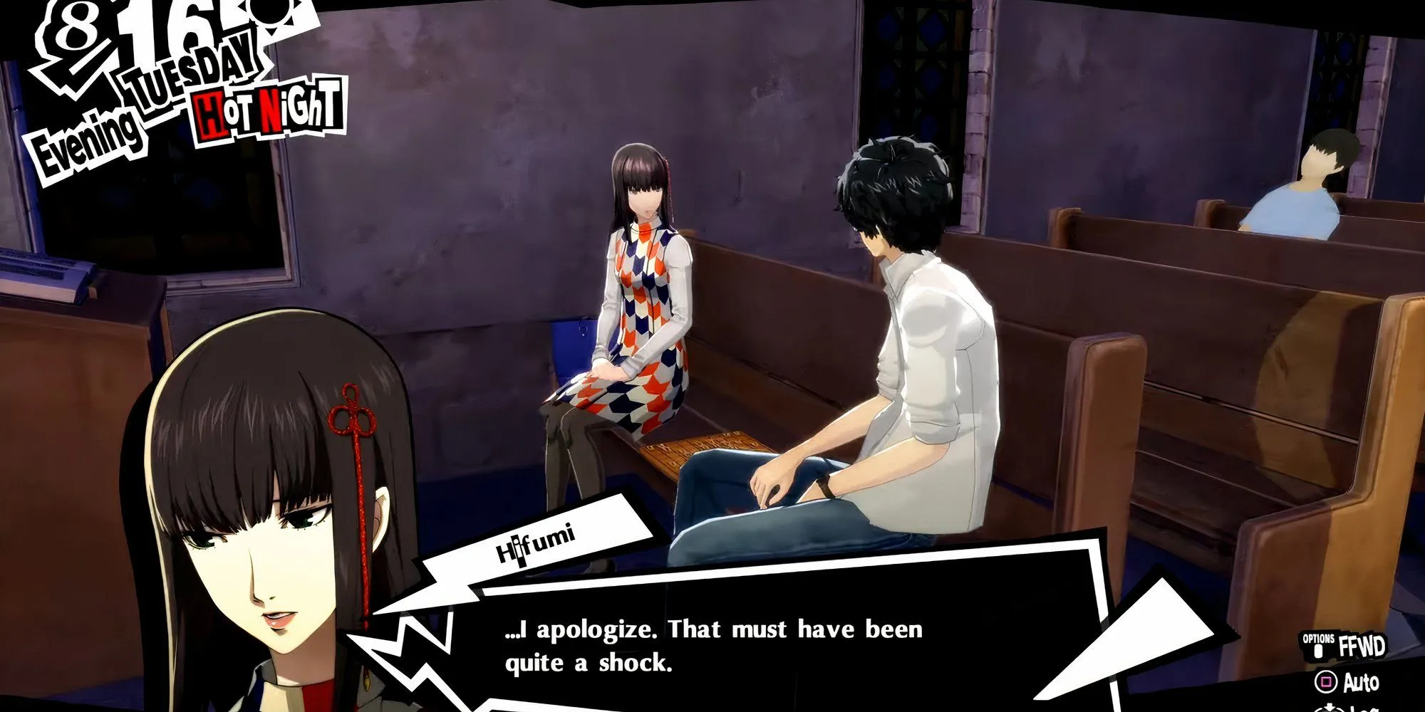 Joker nói chuyện với Hifumi Togo sau khi gặp mẹ cô ấy trong Persona 5 Royal
