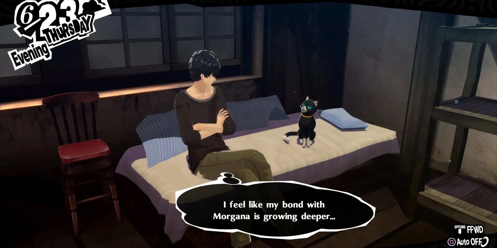 Joker trò chuyện cùng Morgana tại Leblanc để tăng rank Confidant trong Persona 5 Royal