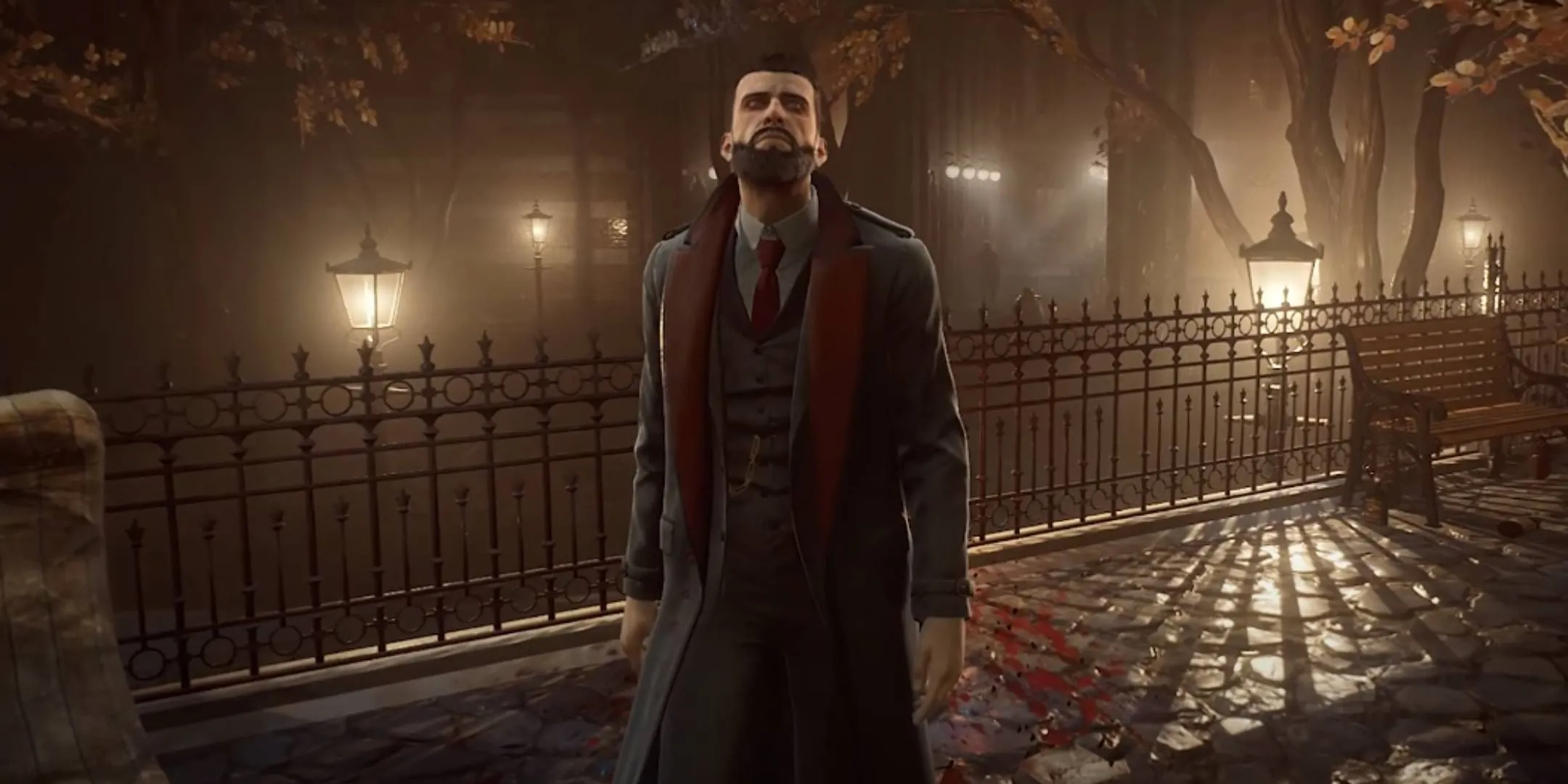 Jonathan Reid đứng ngoài trời trong game Vampyr với bối cảnh sương mù
