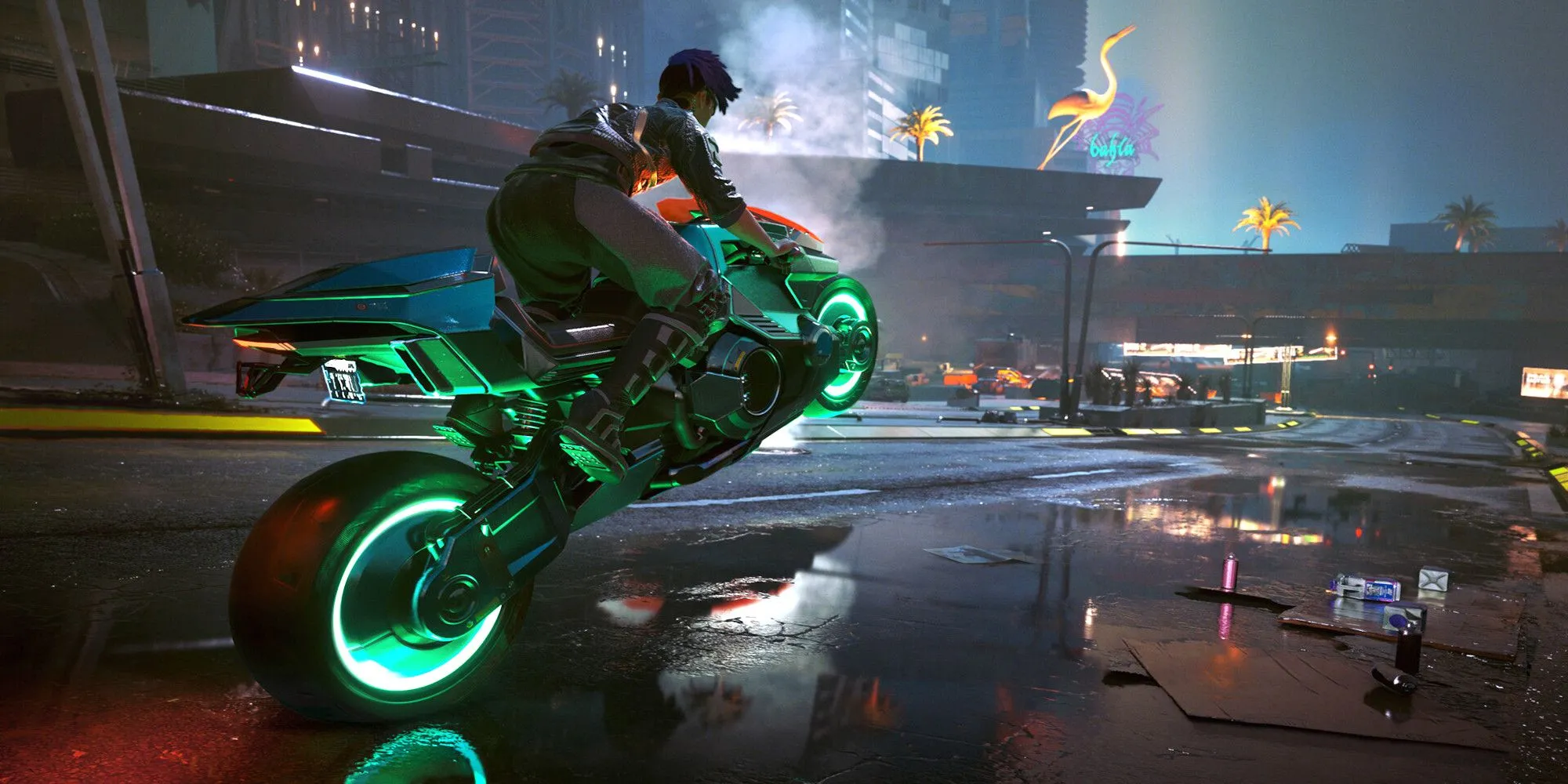 Khám phá Night City trên chiếc mô tô tốc độ trong Cyberpunk 2077 - V trên chiếc mô tô ở Night City