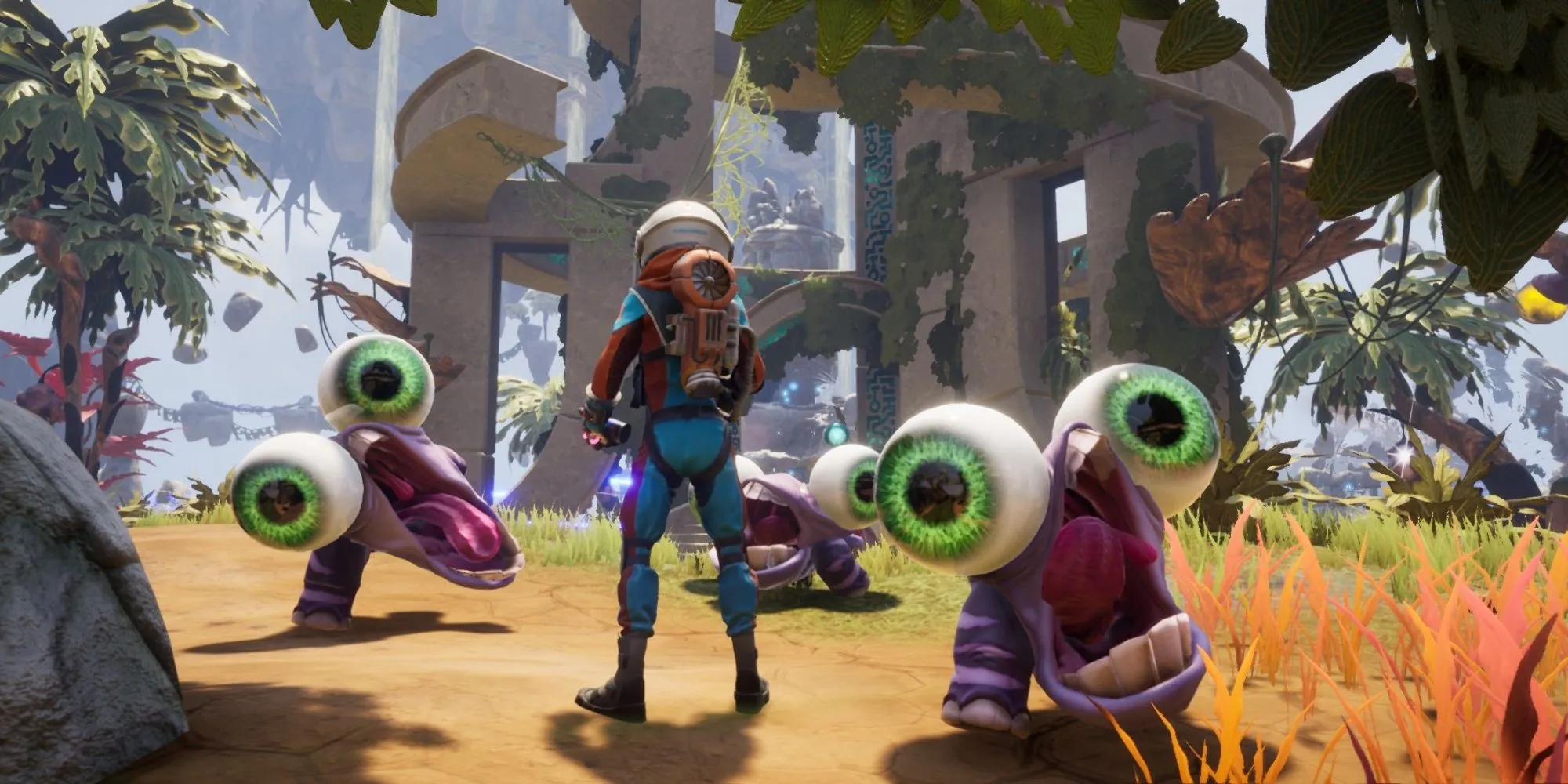 Khung cảnh đầy màu sắc và hài hước trong game phiêu lưu Journey to the Savage Planet trên Xbox Game Pass