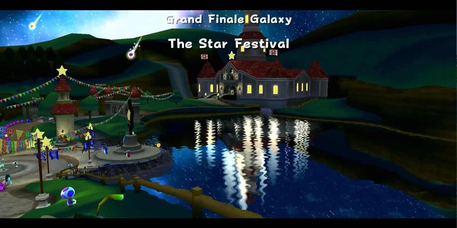 Khung cảnh Lễ hội Sao Băng trong Super Mario Galaxy với những đồng xu tím và ánh đèn lâu đài chiếu xuống hồ