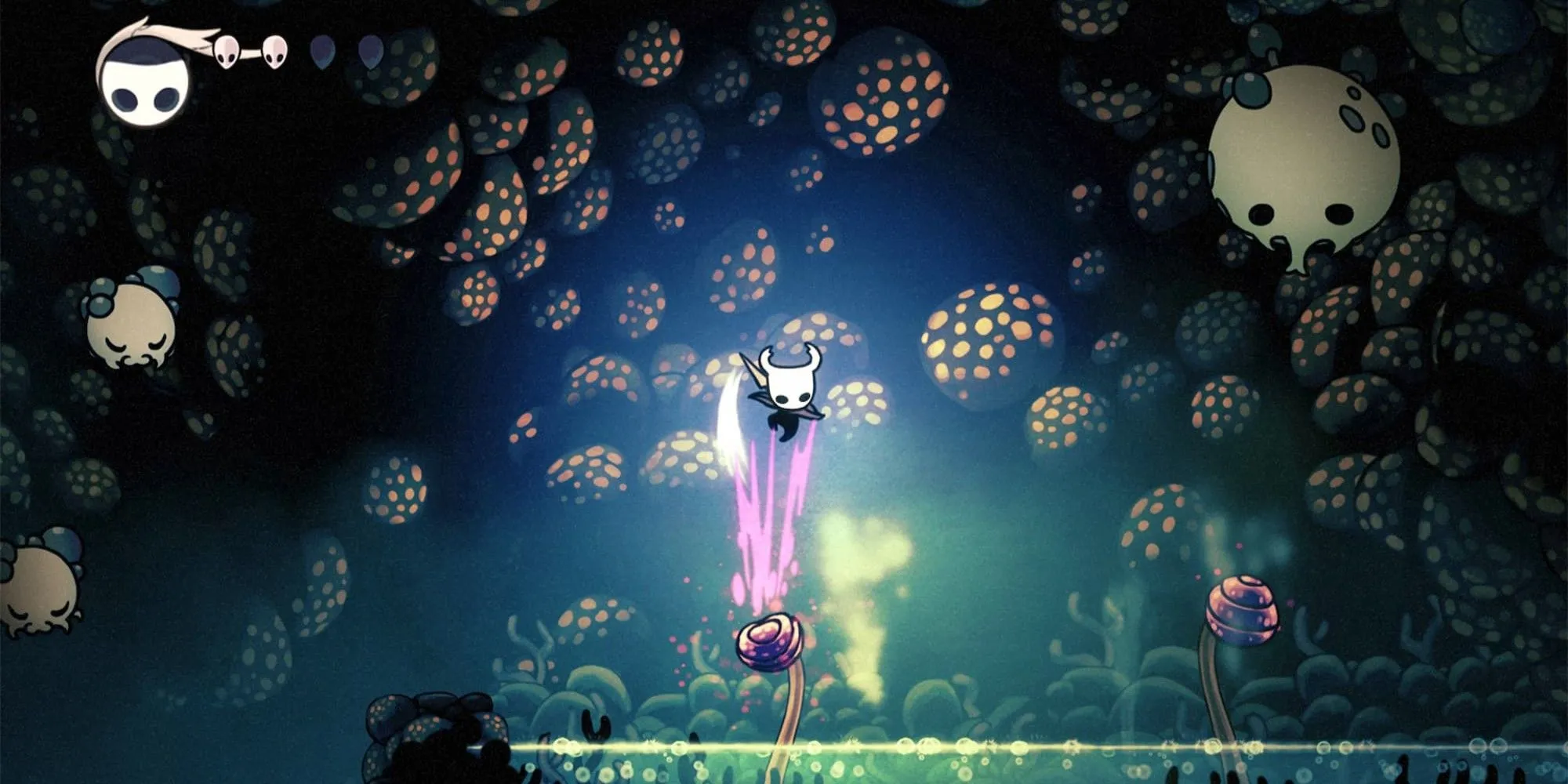 Kị Sĩ Rỗng (The Knight) nhảy vượt chướng ngại vật trong thế giới Hallownest của Hollow Knight