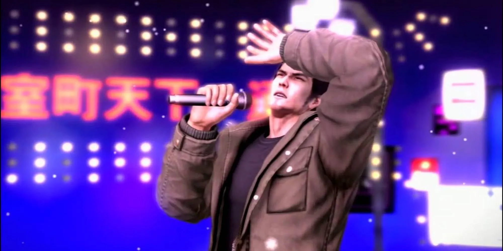 Kiryu Kazuma đang say sưa hát Kamurocho Lullaby trong một quán karaoke