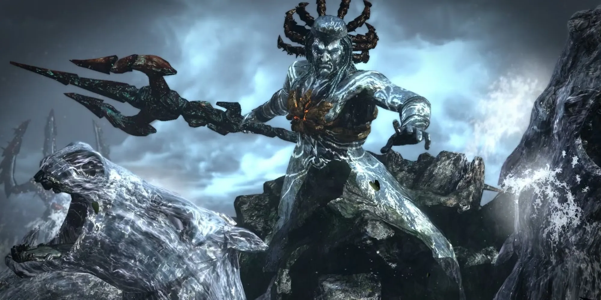 Kratos chiến đấu với Poseidon khổng lồ trong God of War III, một trận đấu boss hoành tráng trên đỉnh Olympus