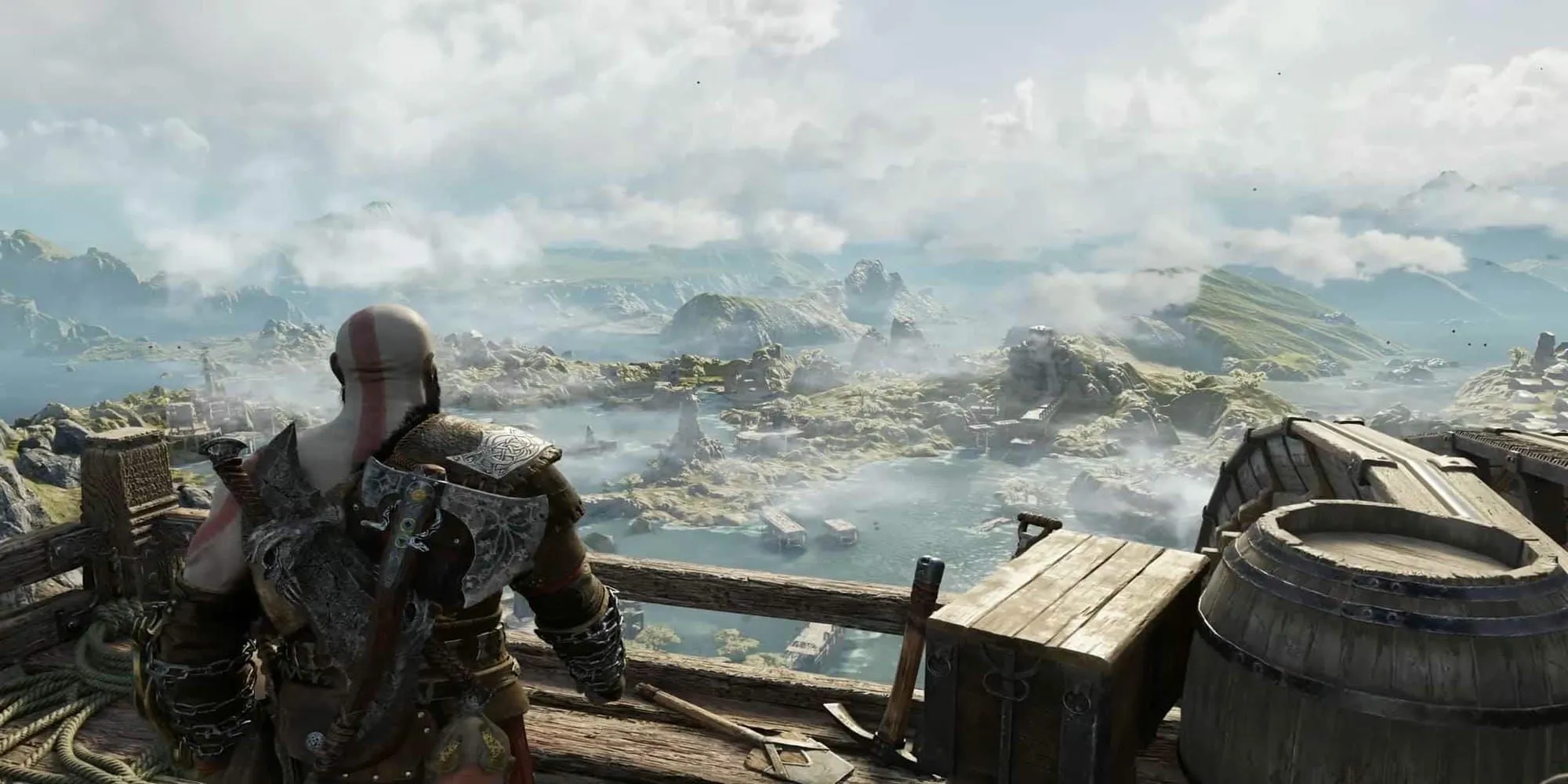 Kratos nhìn xuống một cõi trong God of War Ragnarok