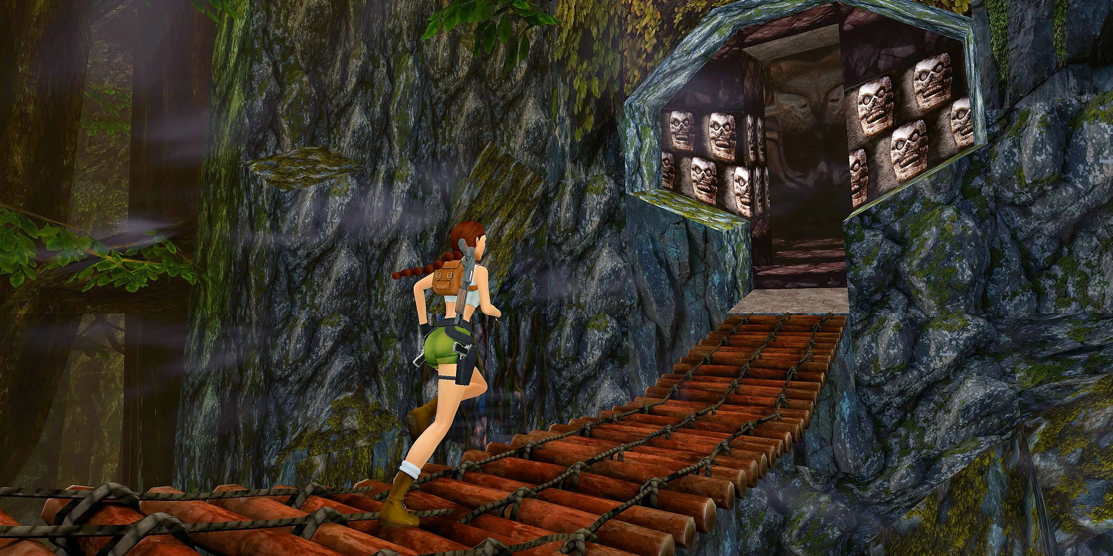 Lara Croft chạy dọc theo một cây cầu trong bản Tomb Raider Remastered 2024
