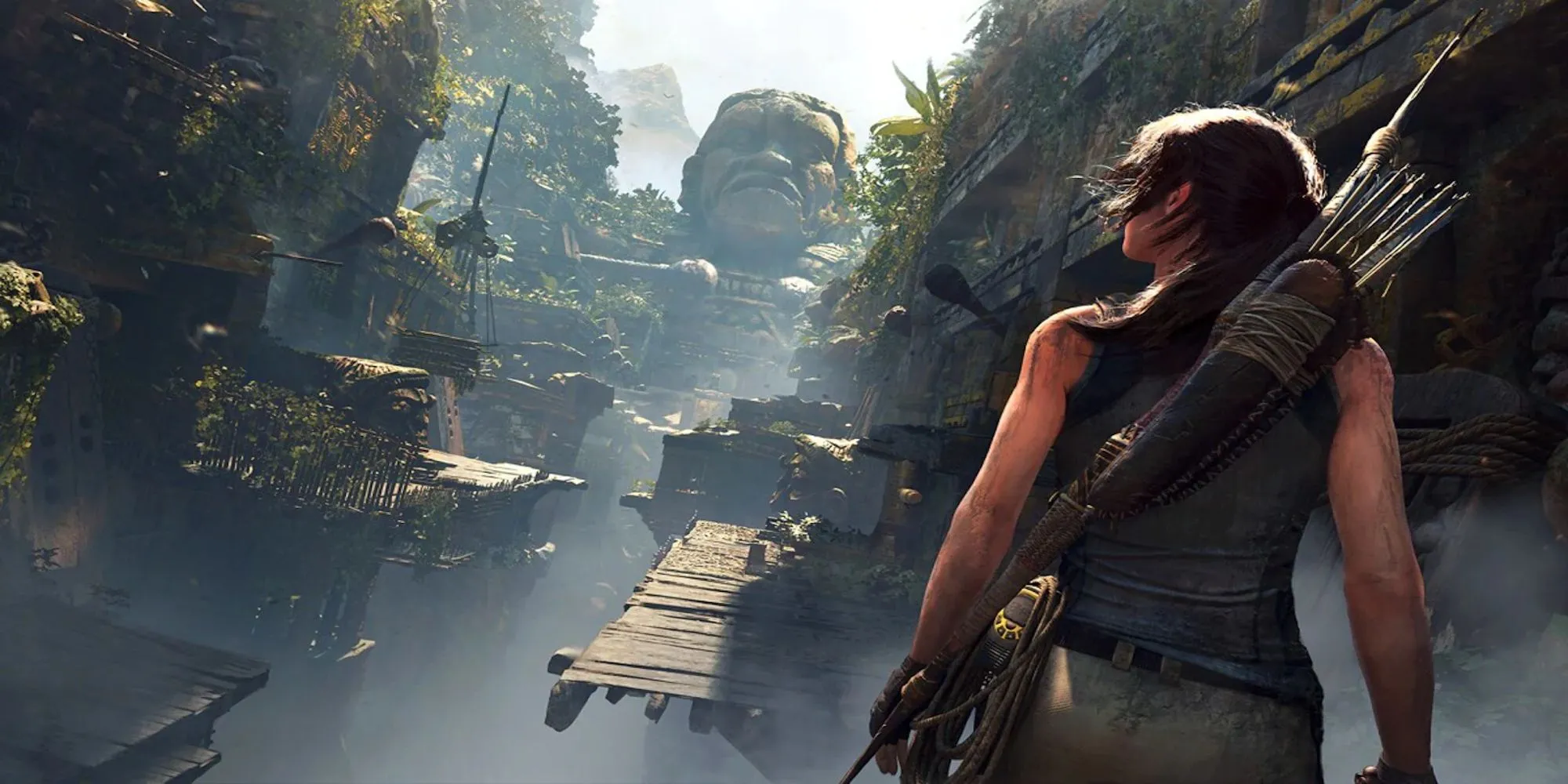 Lara Croft nhìn ra cảnh quan hùng vĩ của hòn đảo Yamatai trong Tomb Raider 2013