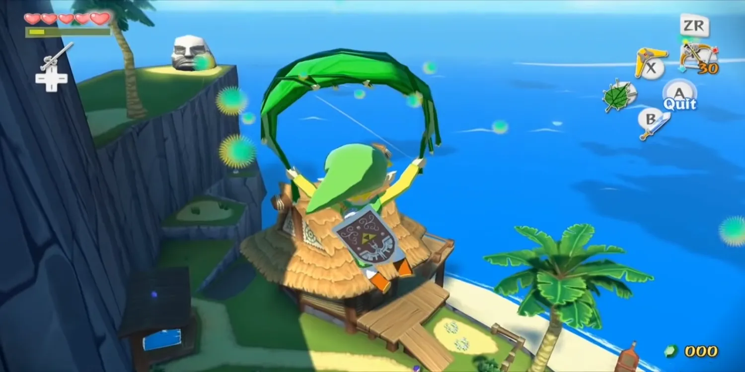 Link bay lượn trên đảo Outset bằng tàu lượn trong The Legend of Zelda Wind Waker