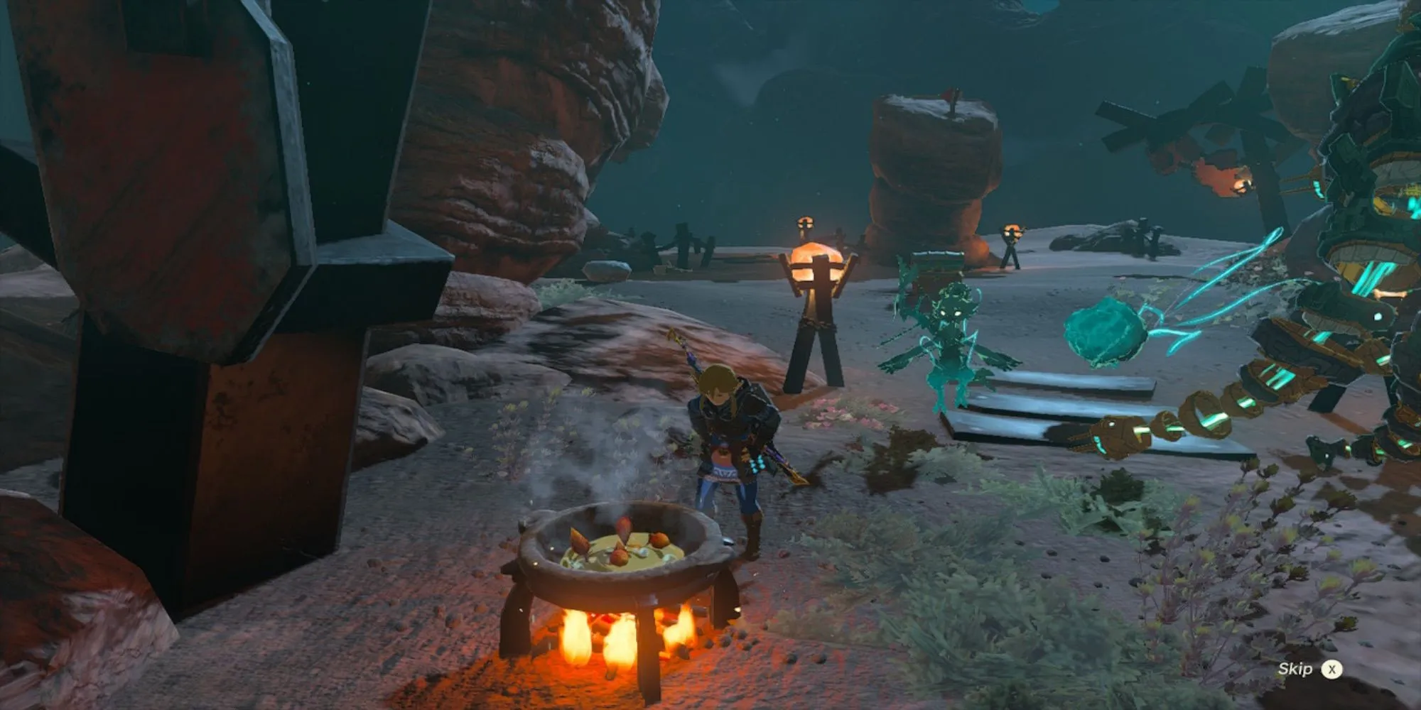 Link đang nấu ăn bên bếp lửa trong The Legend of Zelda: Tears of the Kingdom