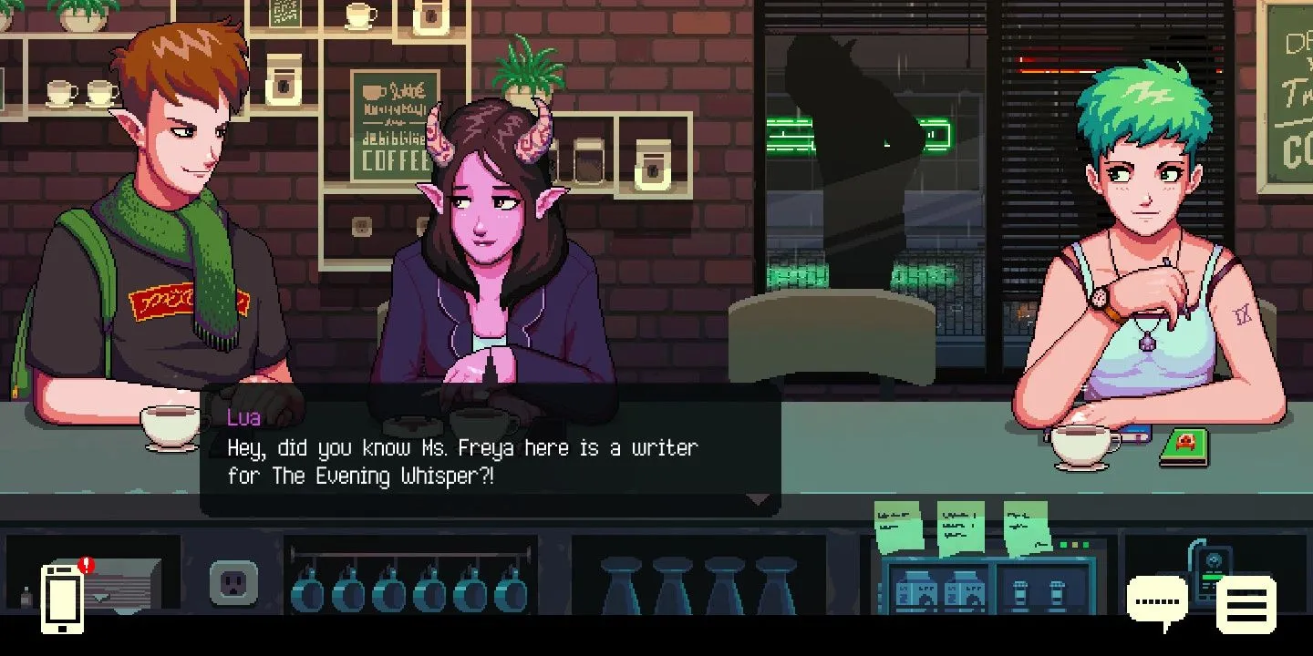 Lua trò chuyện cùng Baileys trong quán cà phê của game Coffee Talk, minh họa các vignette nhân vật.