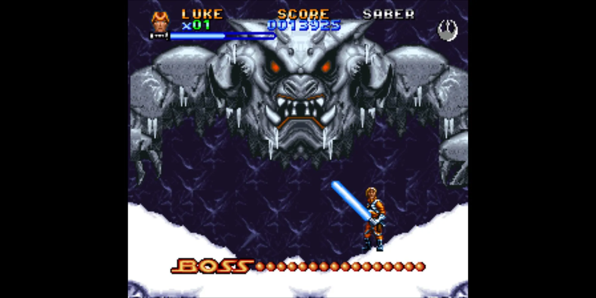 Luke Skywalker đối mặt với kẻ thù trong màn chơi trên hành tinh Hoth của Super Star Wars: The Empire Strikes Back trên SNES.