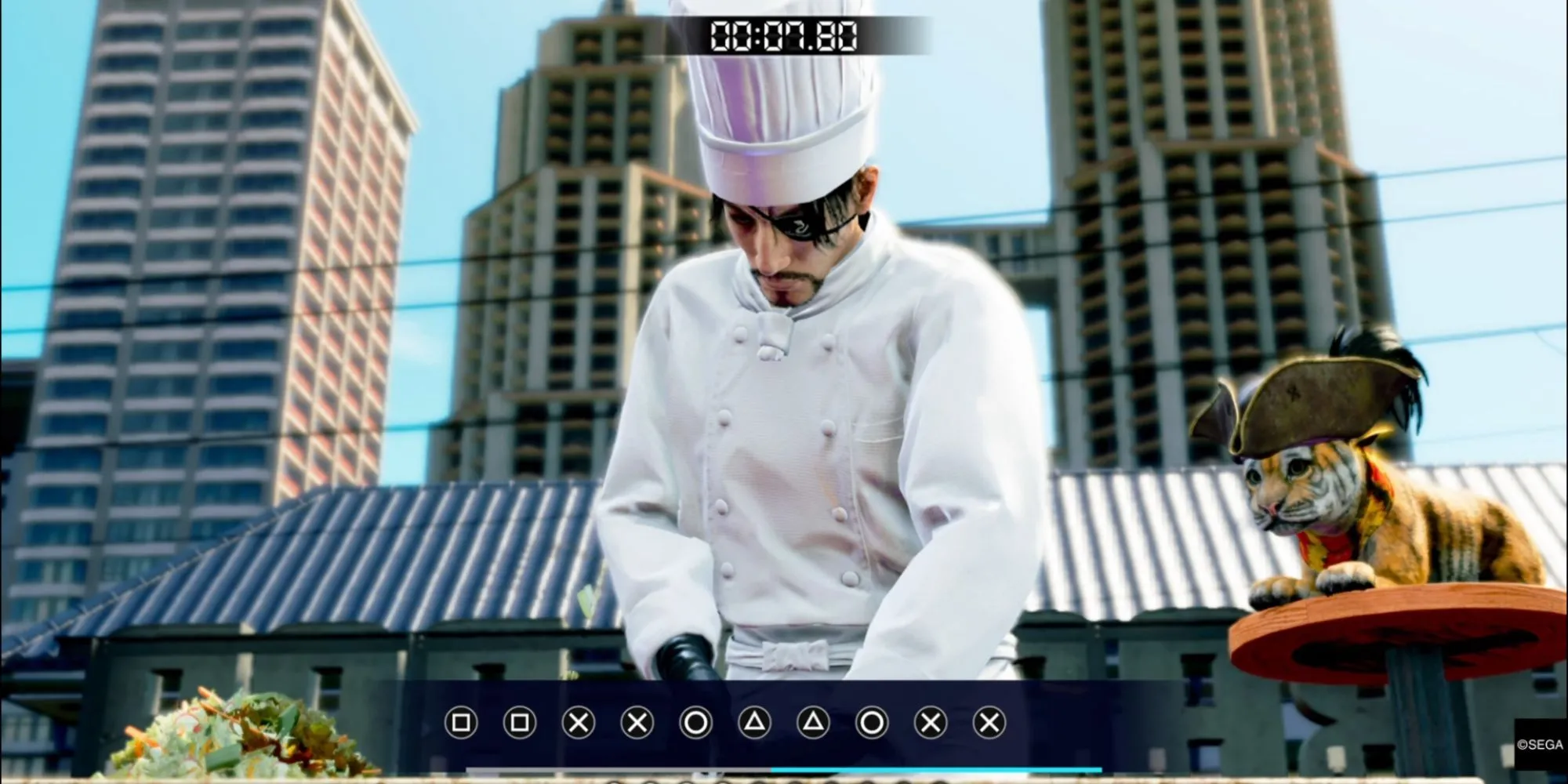 Majima đang nấu ăn trong Goro Goro Kitchen của Like a Dragon: Pirate Yakuza in Hawaii