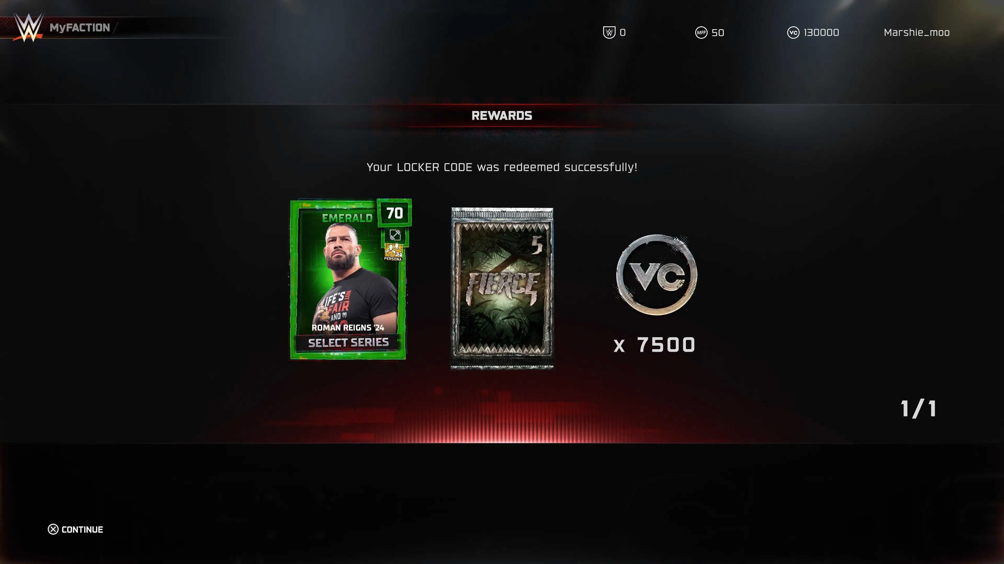 Màn hình hiển thị phần thưởng sau khi nhập Code WWE 2K25 thành công