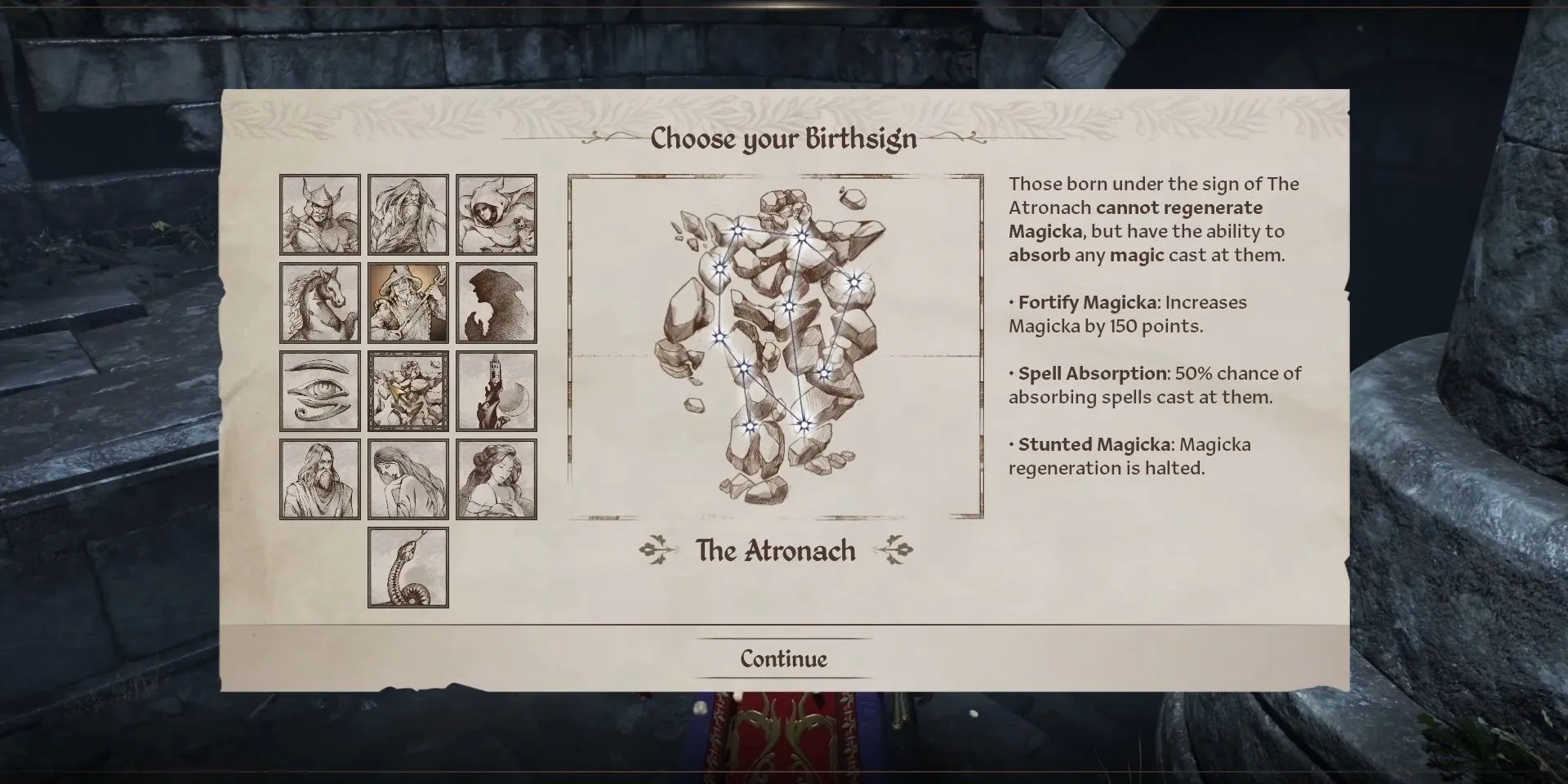 Màn hình nhân vật trong Oblivion Remastered với các hiệu ứng của cung Atronach: Fortify Magicka, Spell Absorption, Stunted Magicka