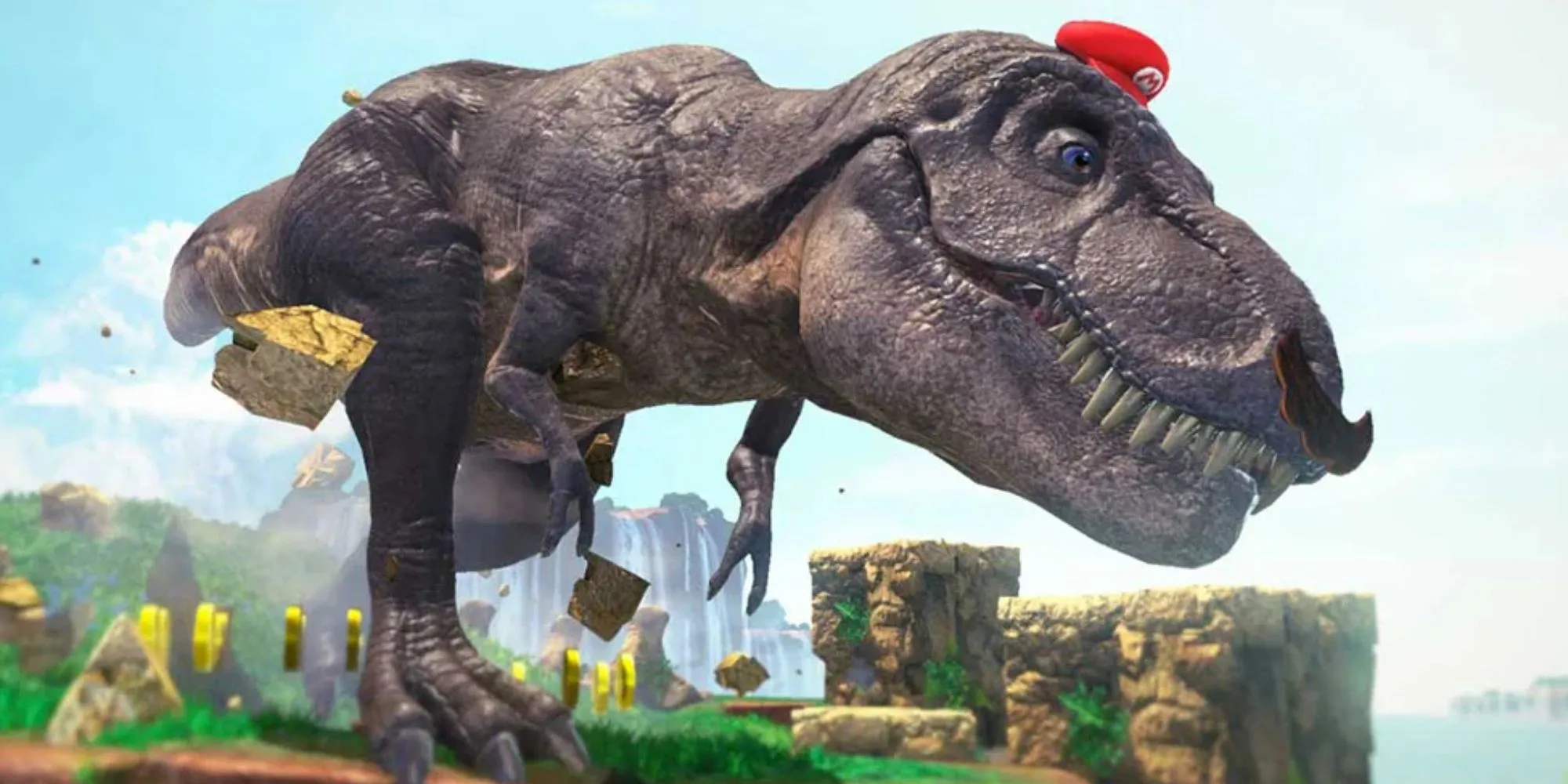 Mario biến hình khủng long T-Rex trong game Super Mario Odyssey trên Nintendo Switch