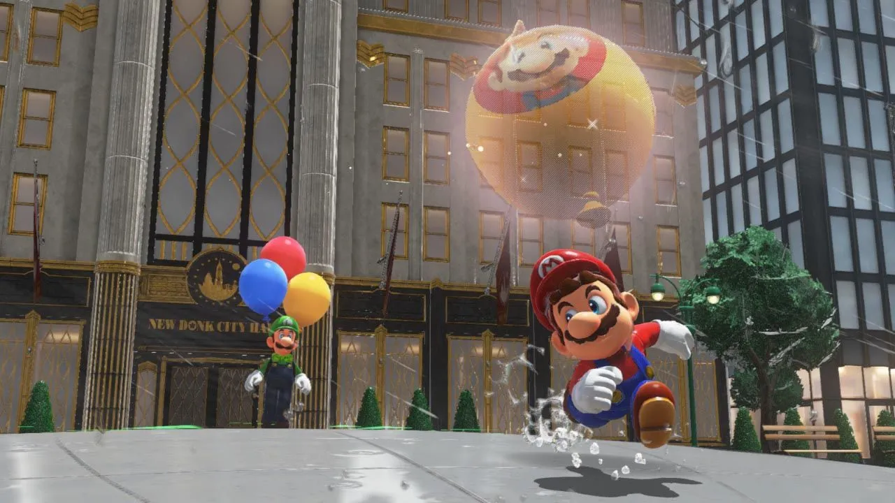 Mario thực hiện cú nhảy kết hợp Cappy trong màn chơi của Super Mario Odyssey