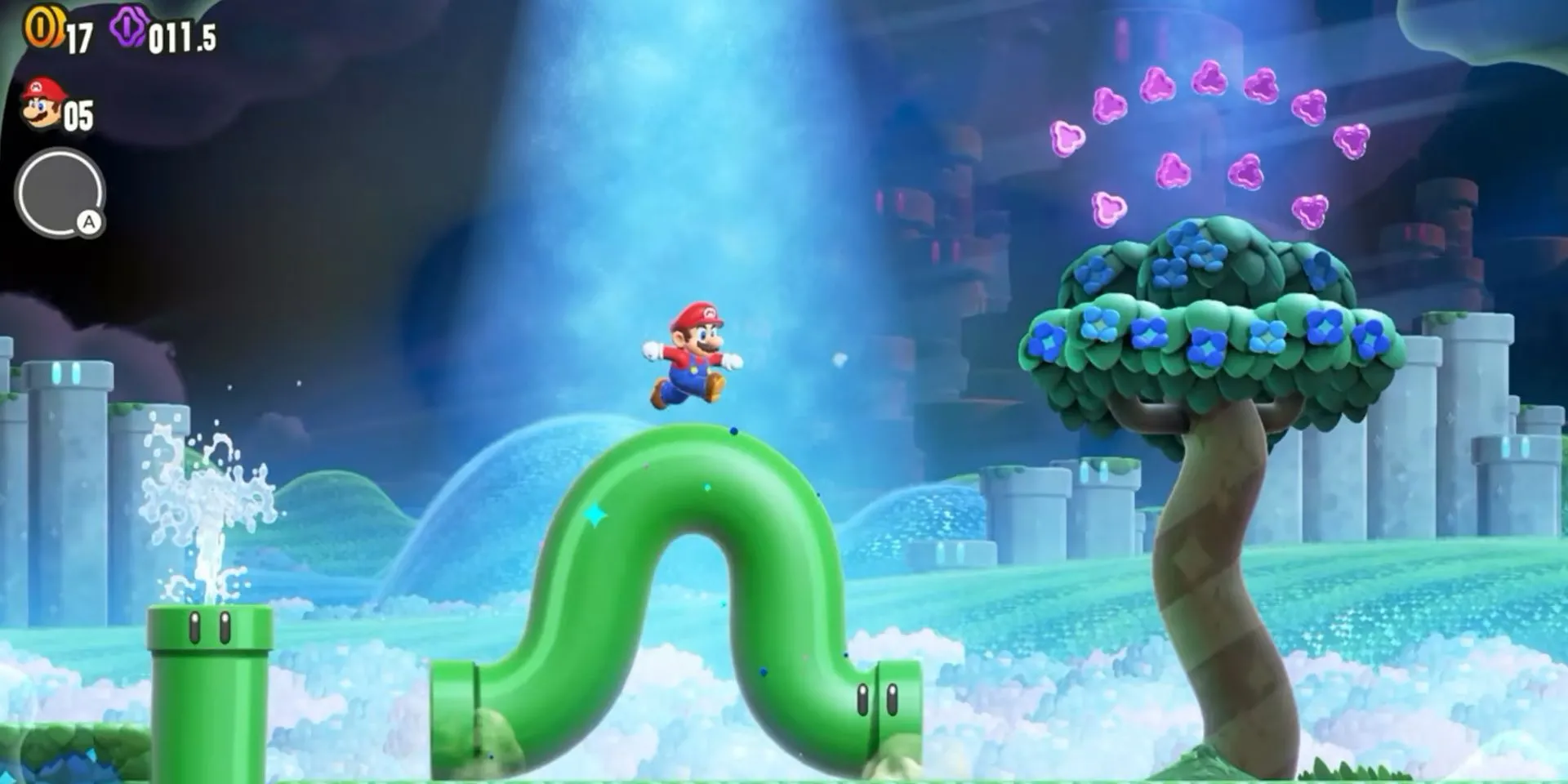 Mario trên đường ống di chuyển trong Super Mario Bros Wonder