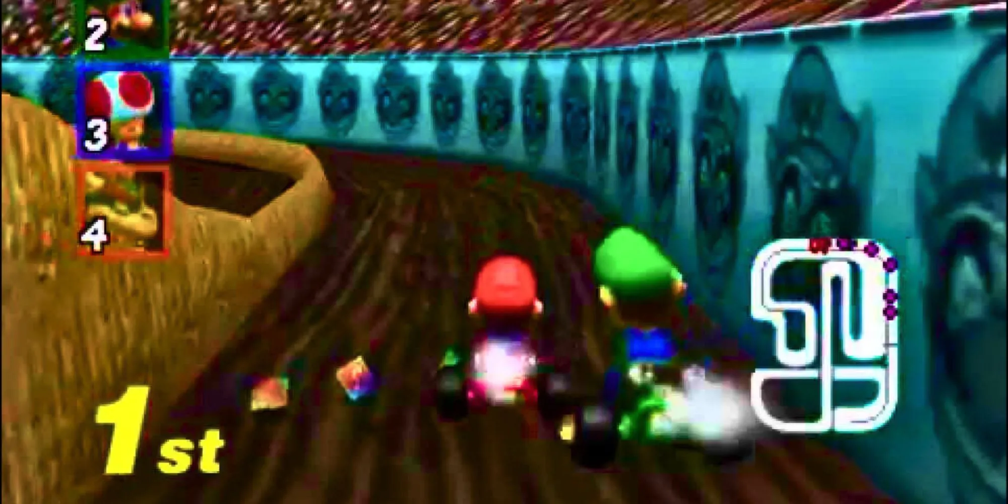 Mario và Luigi đua tranh vị trí đầu trong Mario Kart 64 trên Nintendo 64, tựa game đua xe kart kinh điển với chế độ nhiều người chơi hấp dẫn.