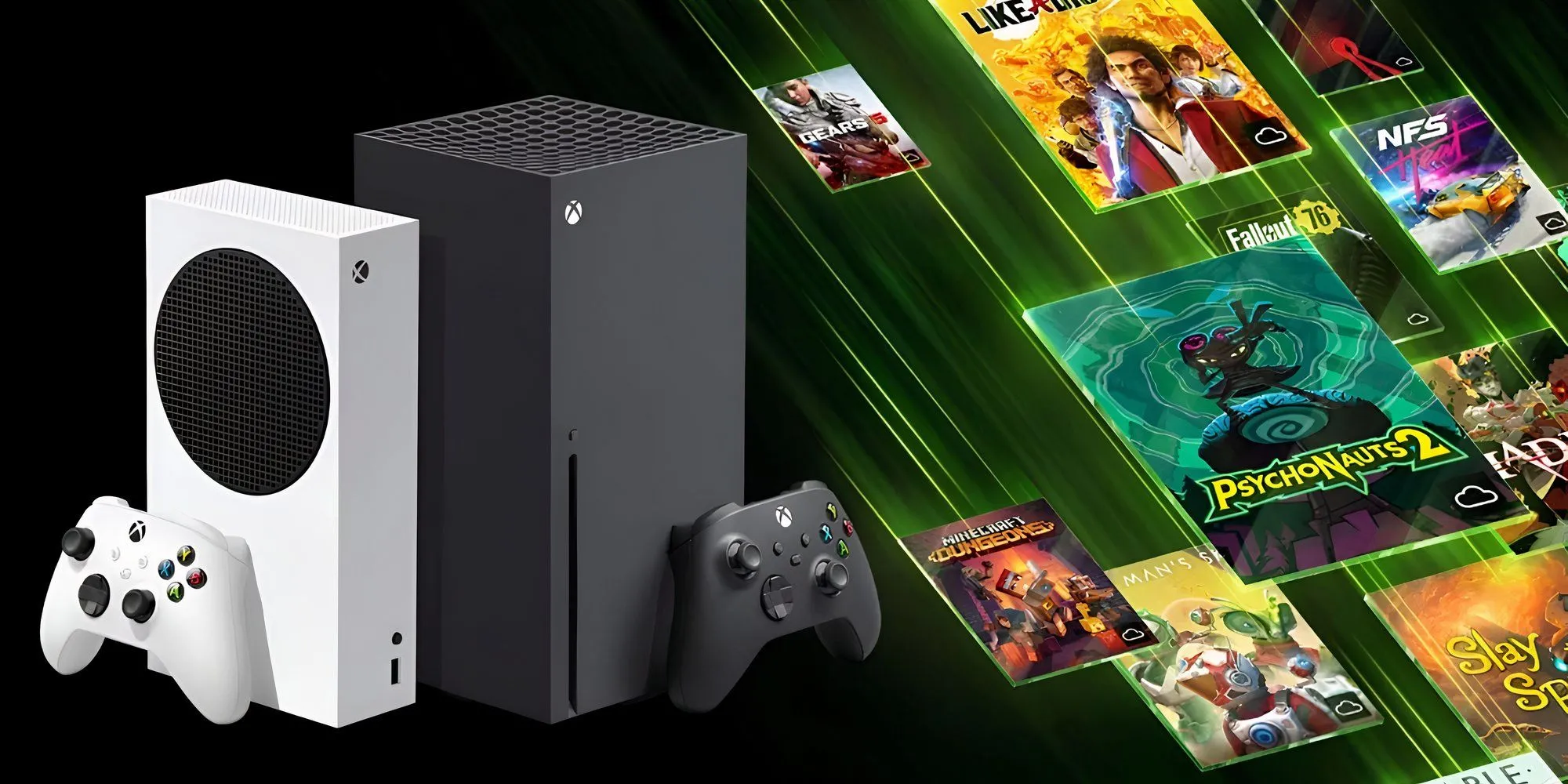 Máy console Xbox Series X và Series S cùng các bìa game, biểu tượng cho hệ sinh thái Xbox