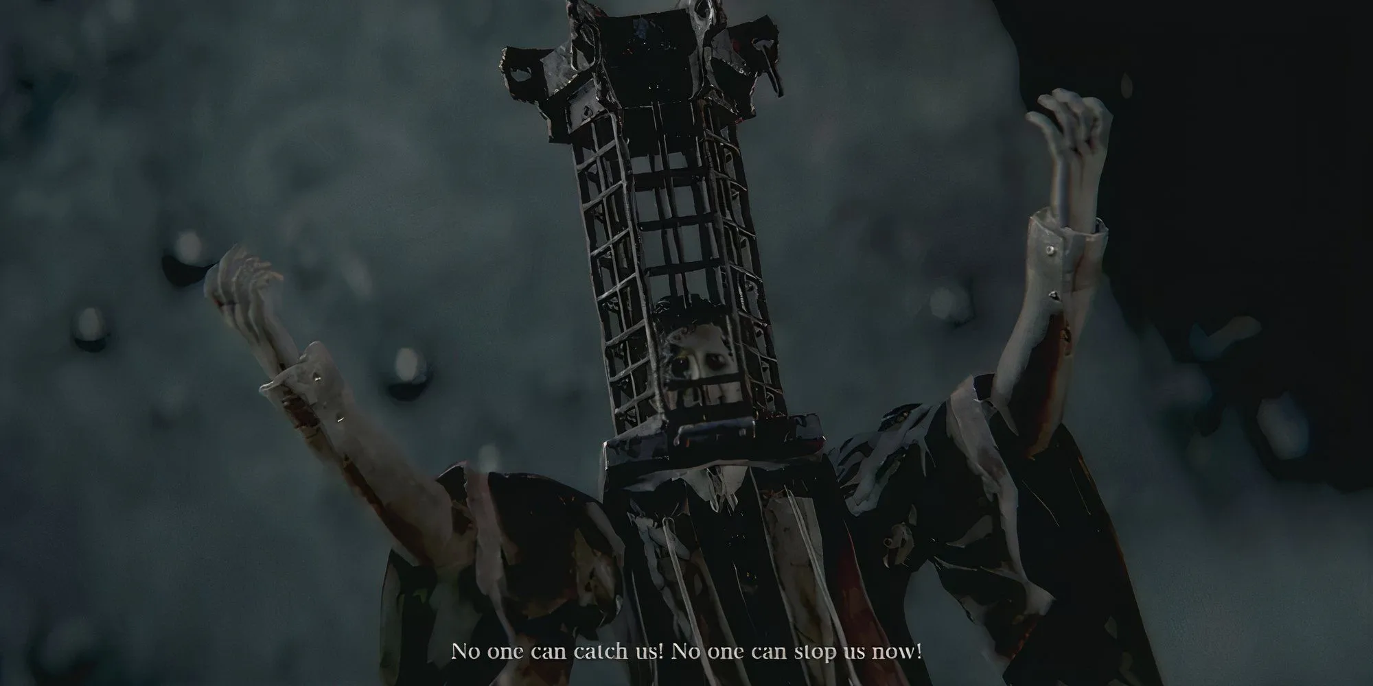 Micolash, Host of the Nightmare từ Bloodborne đang đứng trong một thư viện tối tăm với chiếc lồng kỳ dị trên đầu.