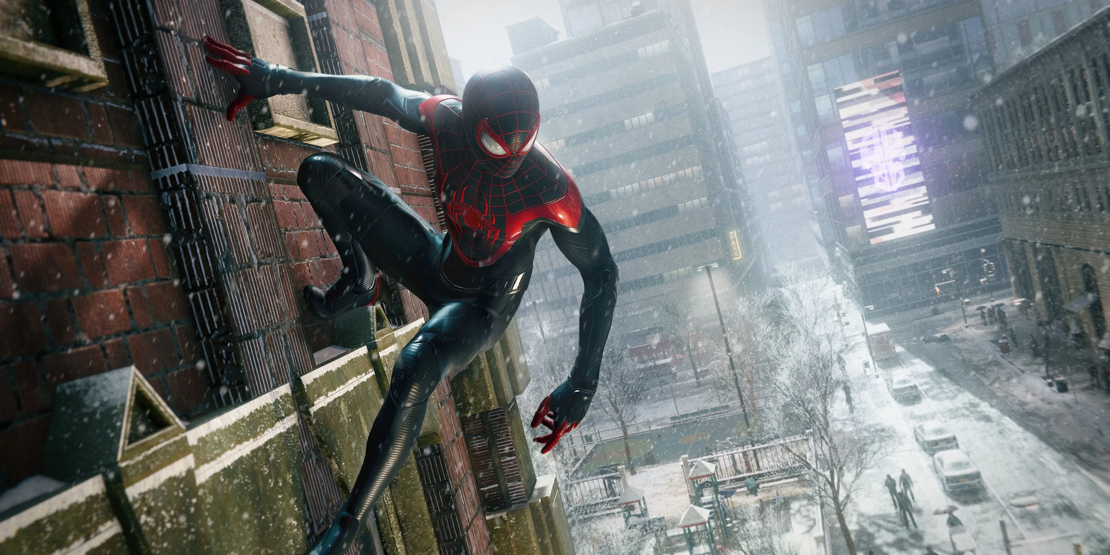 Miles Morales đứng trên tòa nhà ở Manhattan trong Marvel's Spider-Man Miles Morales